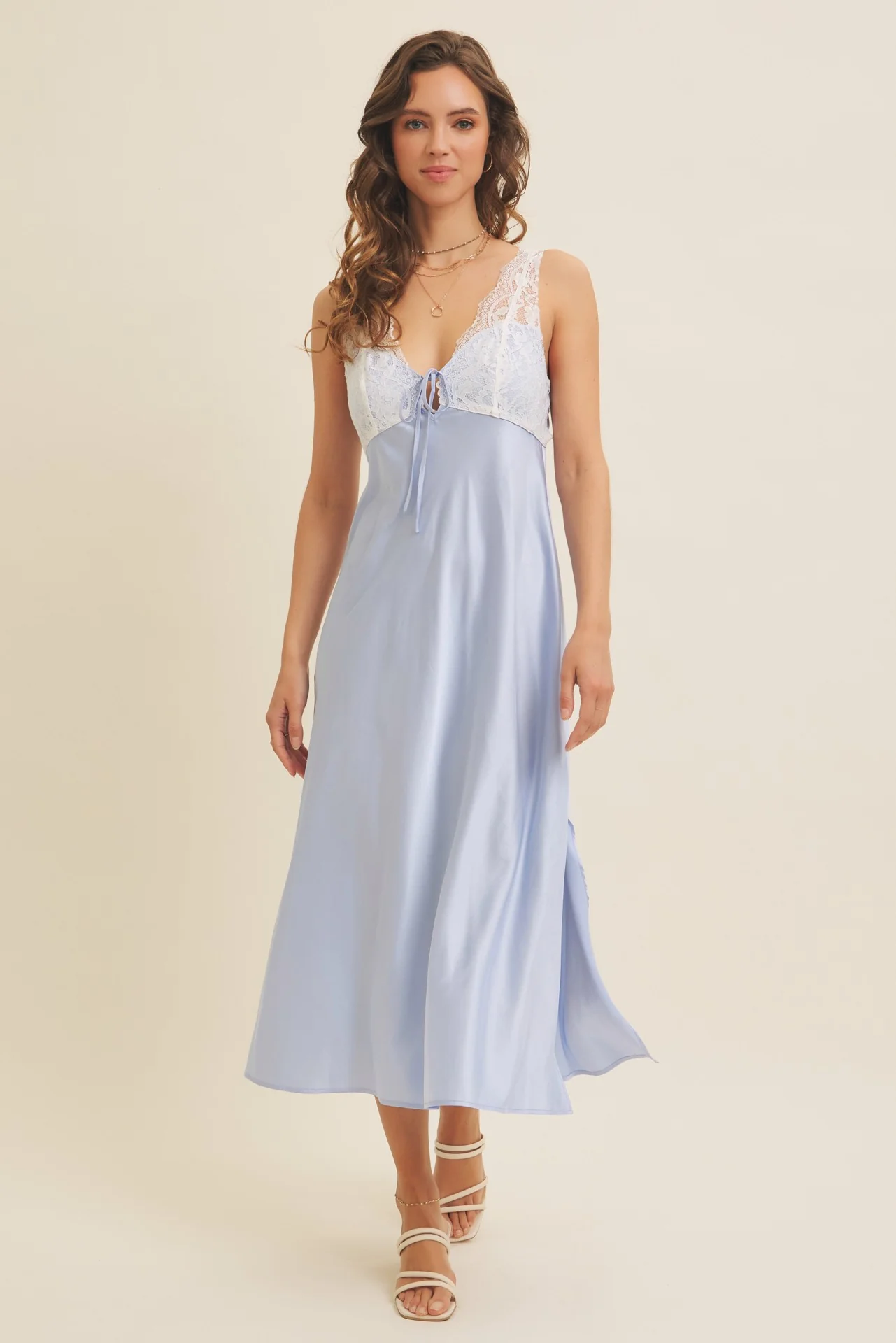 Light Blue Satin Lace Side Slit Slip Dress - Image 2