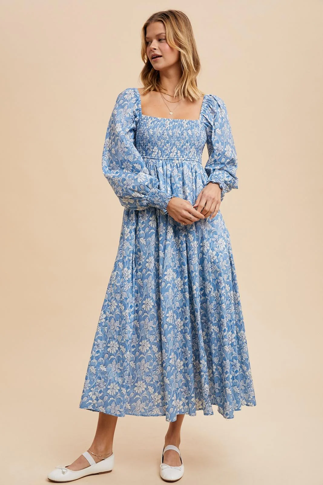 Light Blue Smocked Cotton Floral Maternity Maxi Dress - Image 3