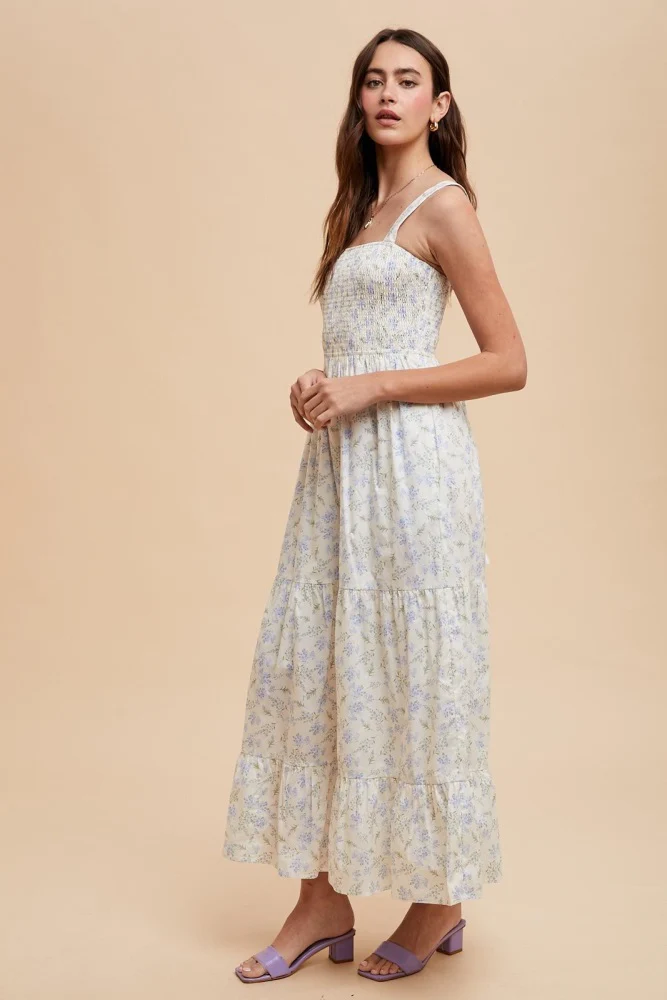 Light Blue Smocked Cotton Floral Sleeveless Maxi Dress - Image 3