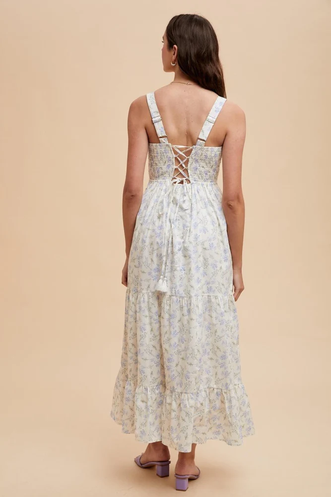 Light Blue Smocked Cotton Floral Sleeveless Maxi Dress - Image 4