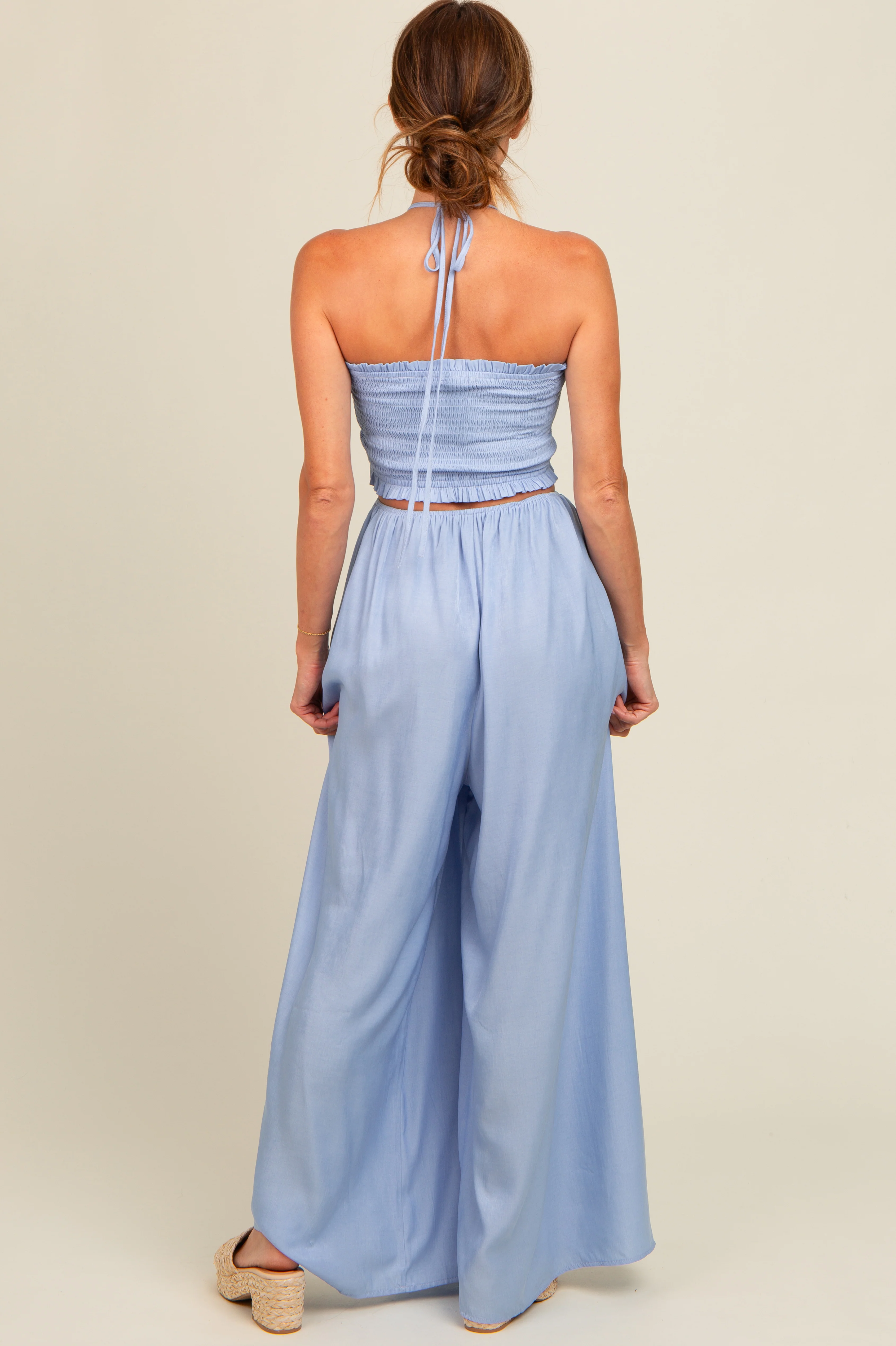 Light Blue Smocked Drawstring Halter Side Cutout Jumpsuit - Image 3