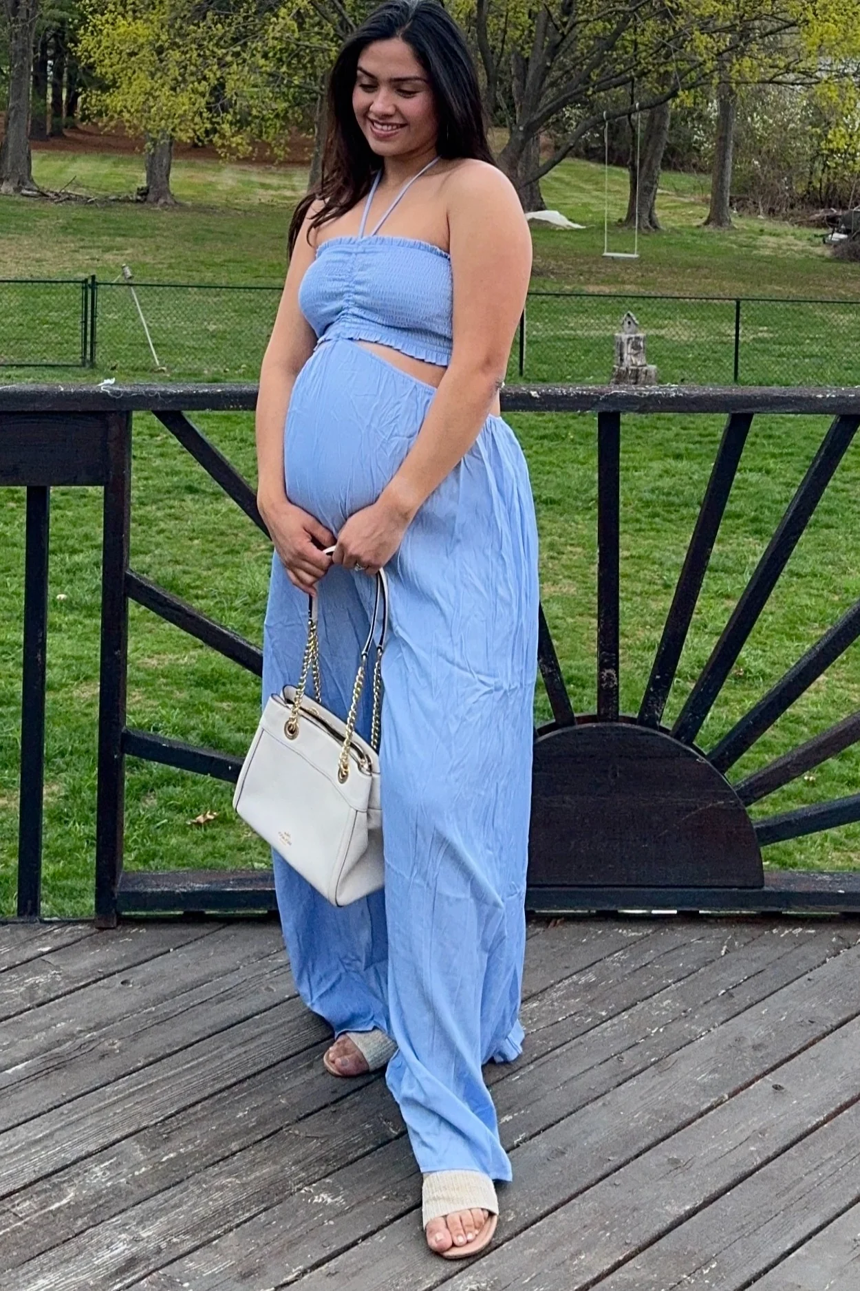 Light Blue Smocked Drawstring Halter Side Cutout Maternity Jumpsuit - Image 2