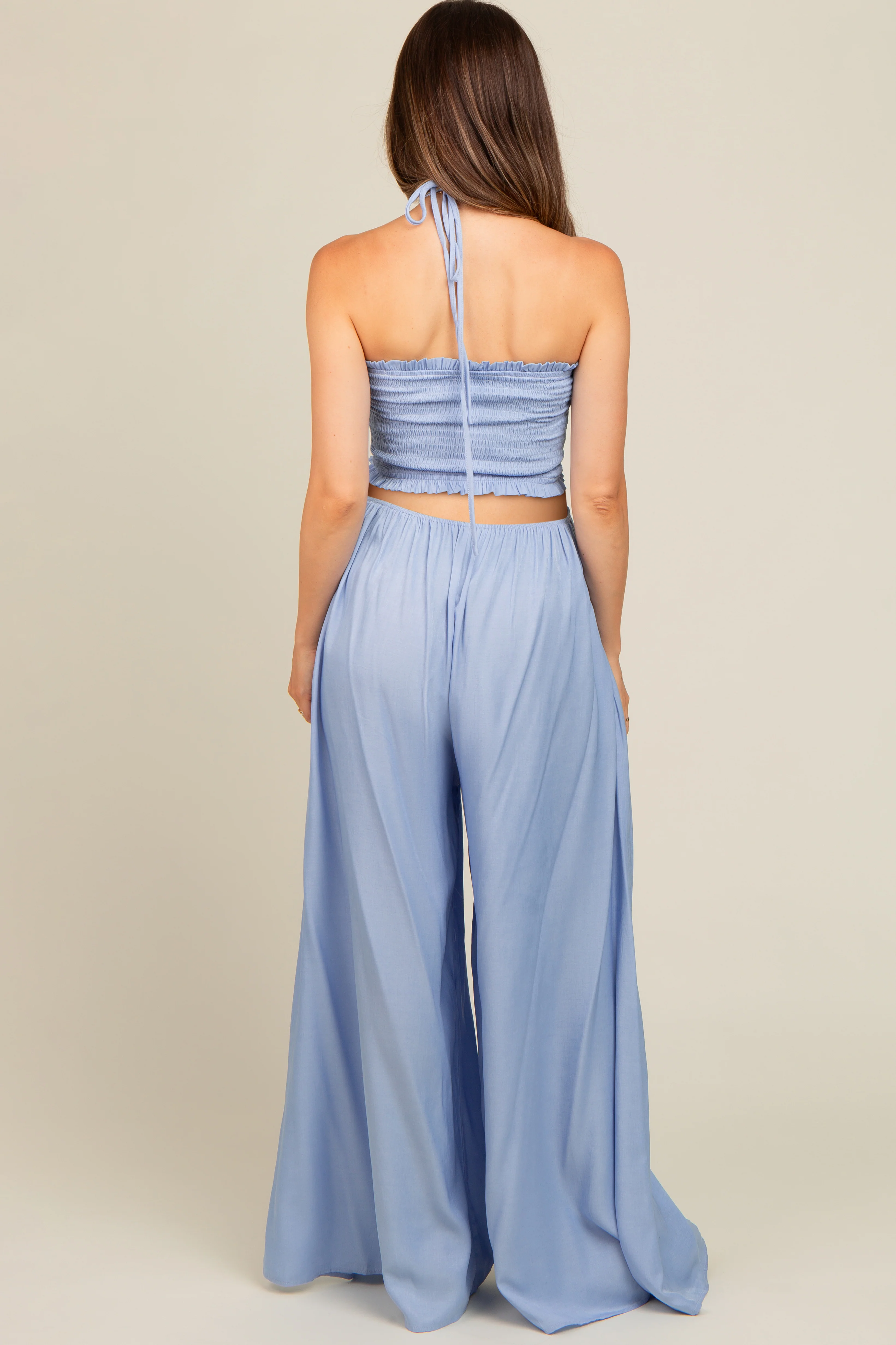 Light Blue Smocked Drawstring Halter Side Cutout Maternity Jumpsuit - Image 3