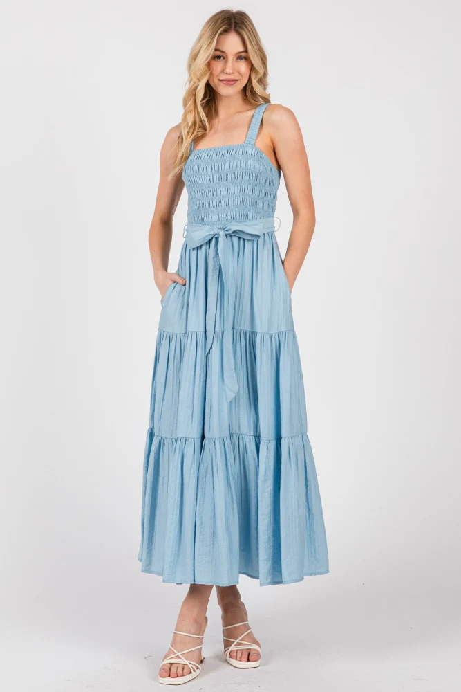 Light Blue Smocked Tiered Midi Dress - Image 2