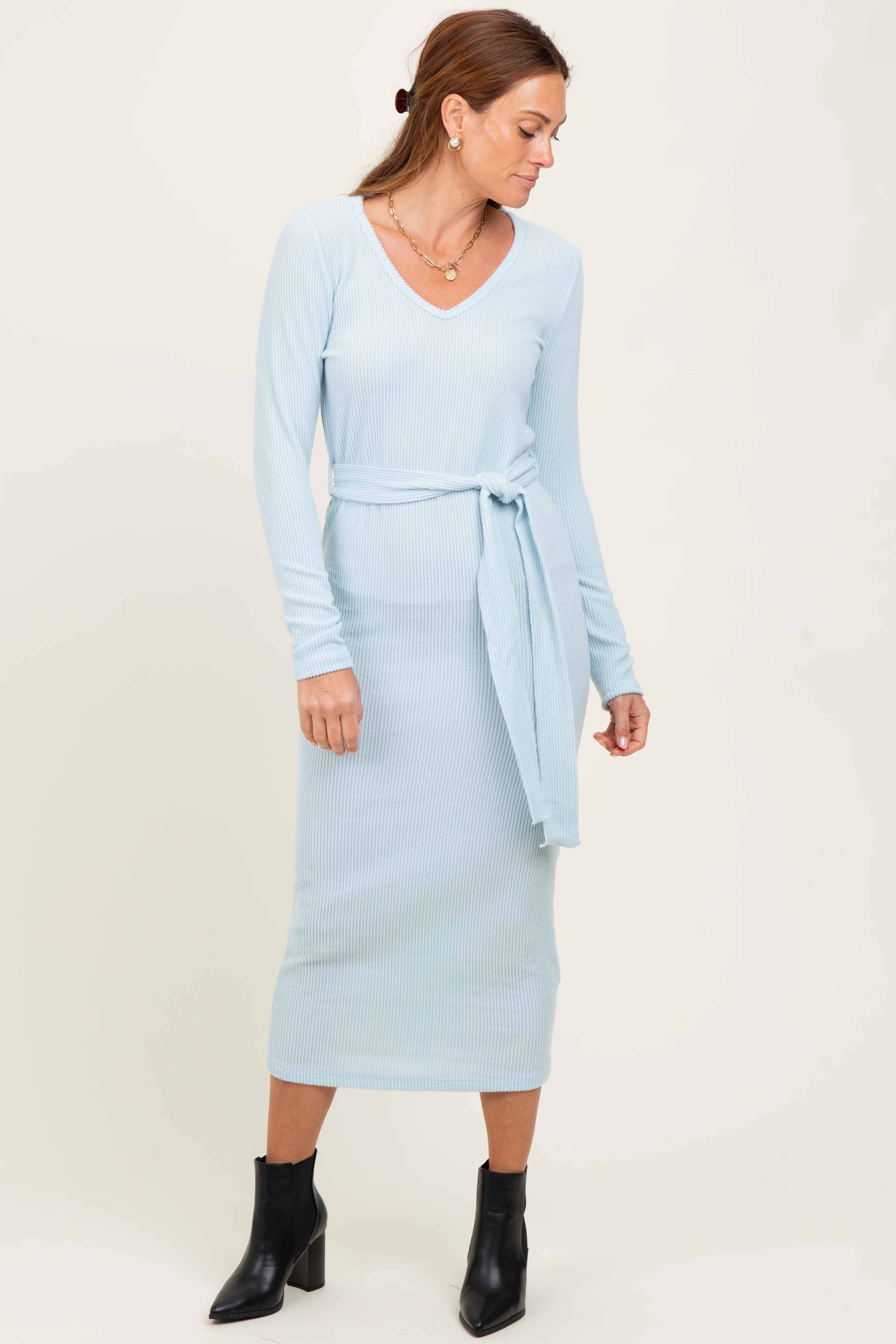 Light Blue Solid Brushed Rib Long Sleeve V-Neck Fitted Midi Dress - Image 2