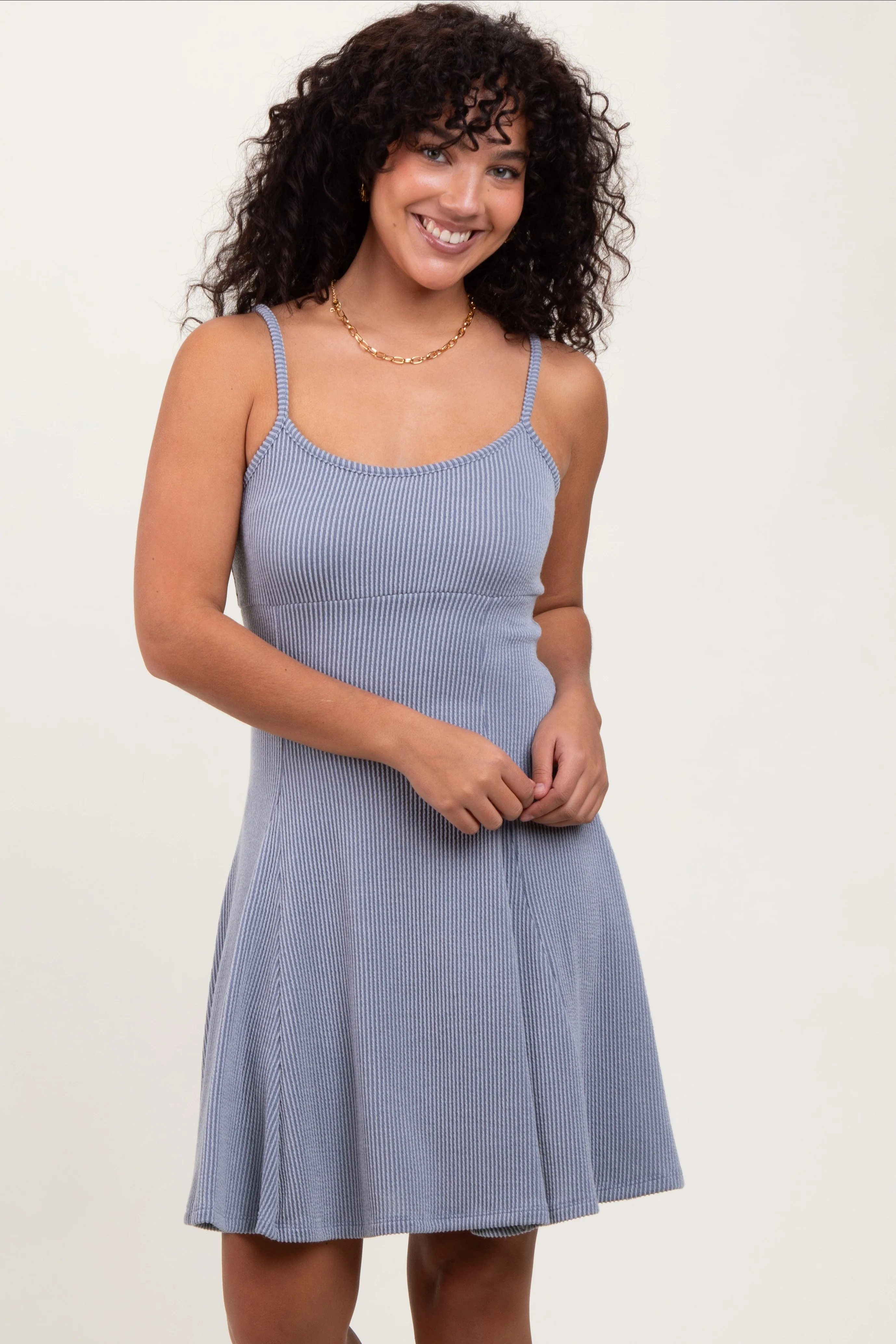 Light Blue Solid Ribbed Knitted Adjustable Strap Sleeveless Maternity Mini Dress - Image 3