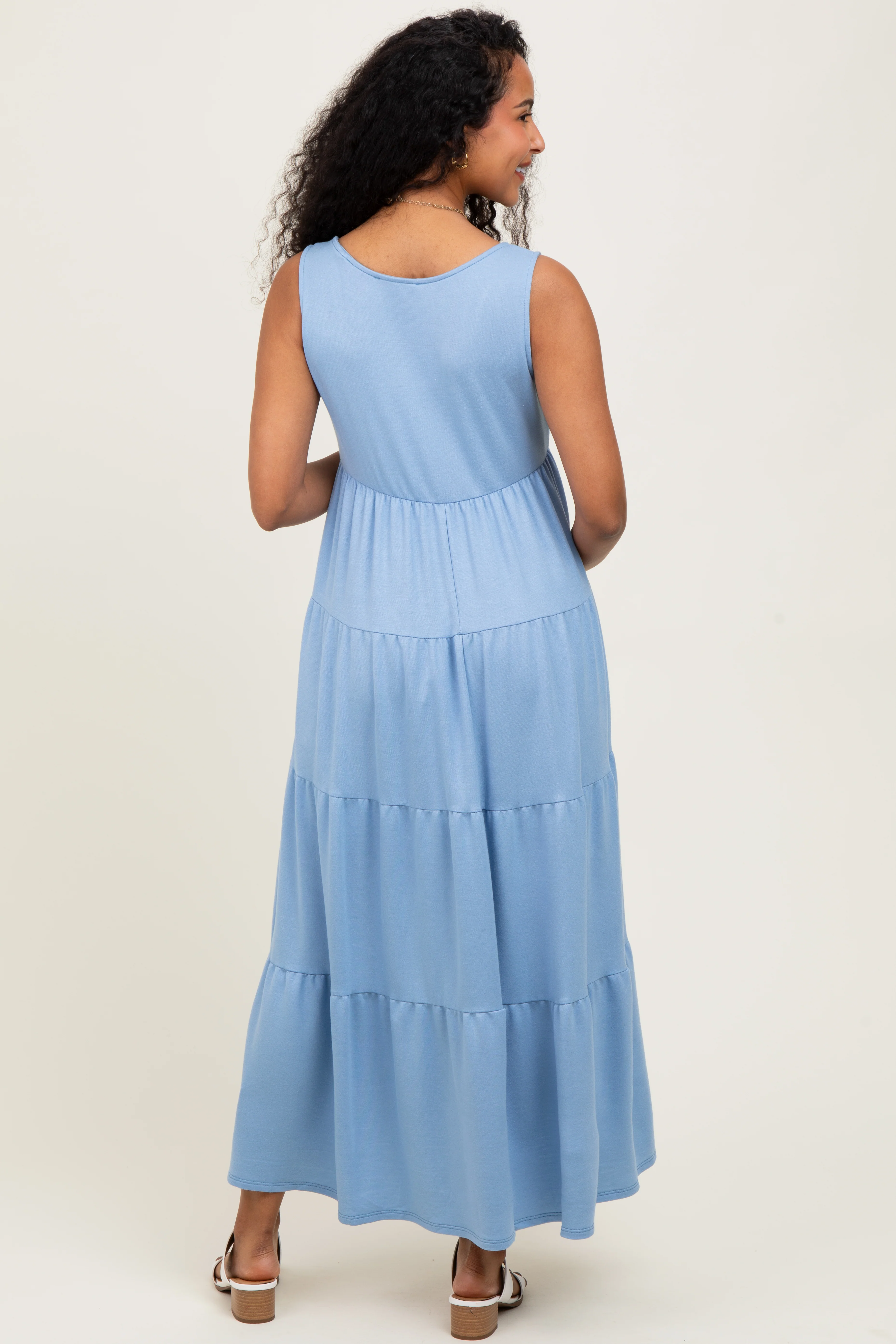 Light Blue Solid Tiered French Terry Maternity Maxi Dress - Image 3