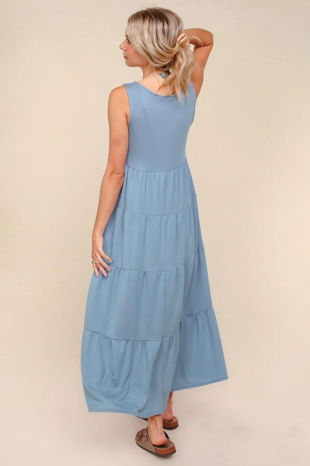 Light Blue Solid Tiered French Terry Maxi Dress - Image 4