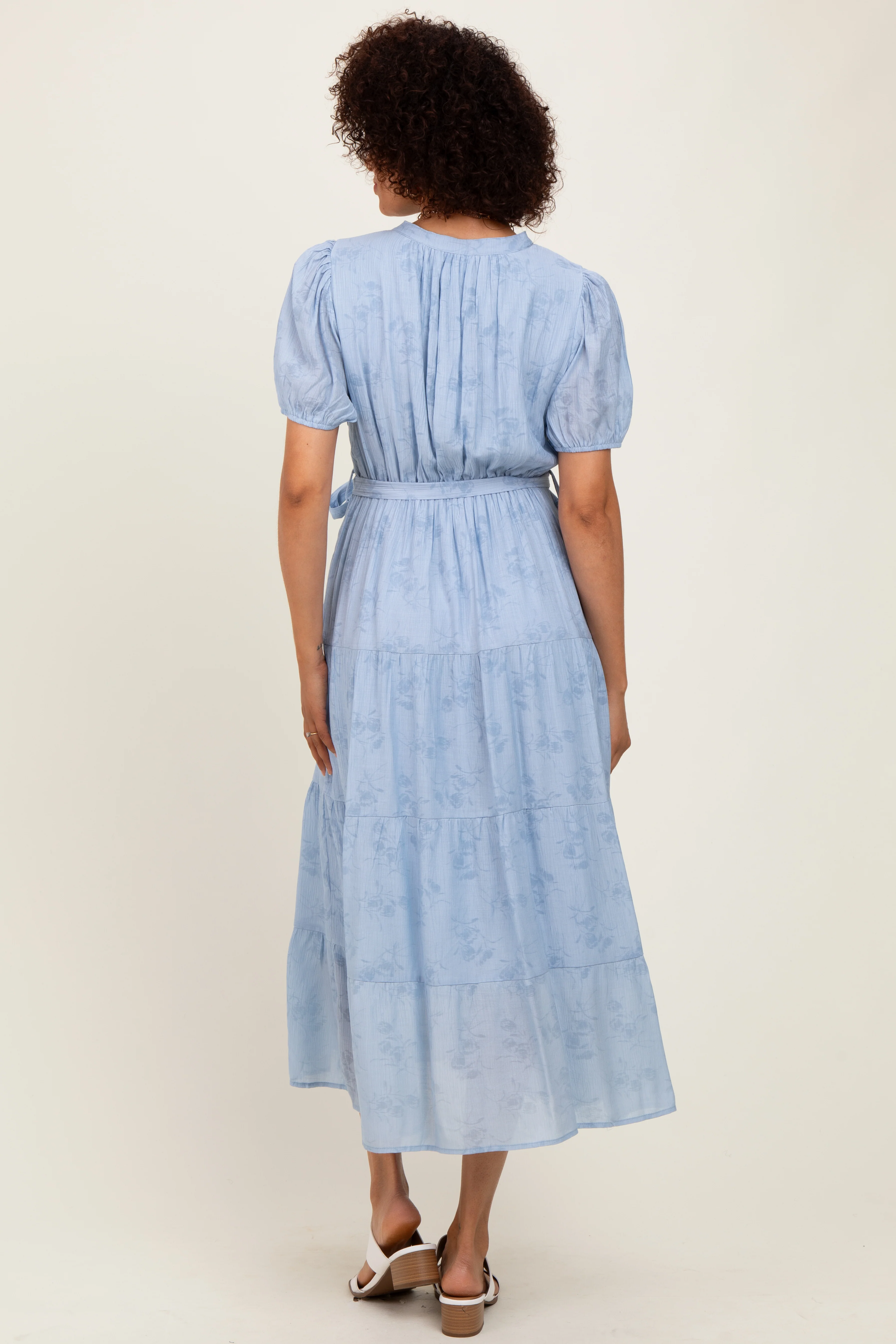 Light Blue Split Neckline Tiered Midi Dress - Image 4