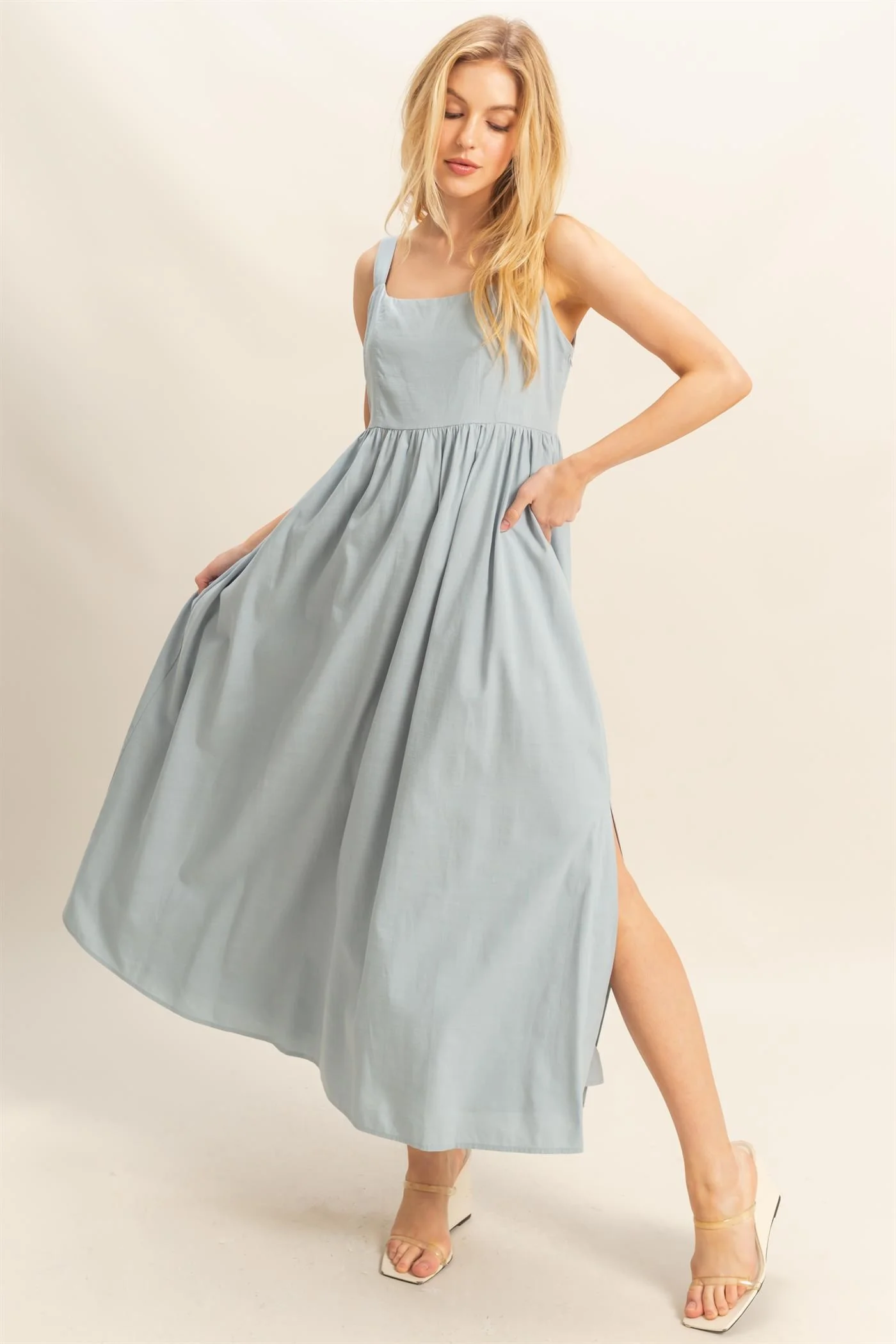 Light Blue Square Neck Fit And Flare Maternity Midi Dress - Image 4