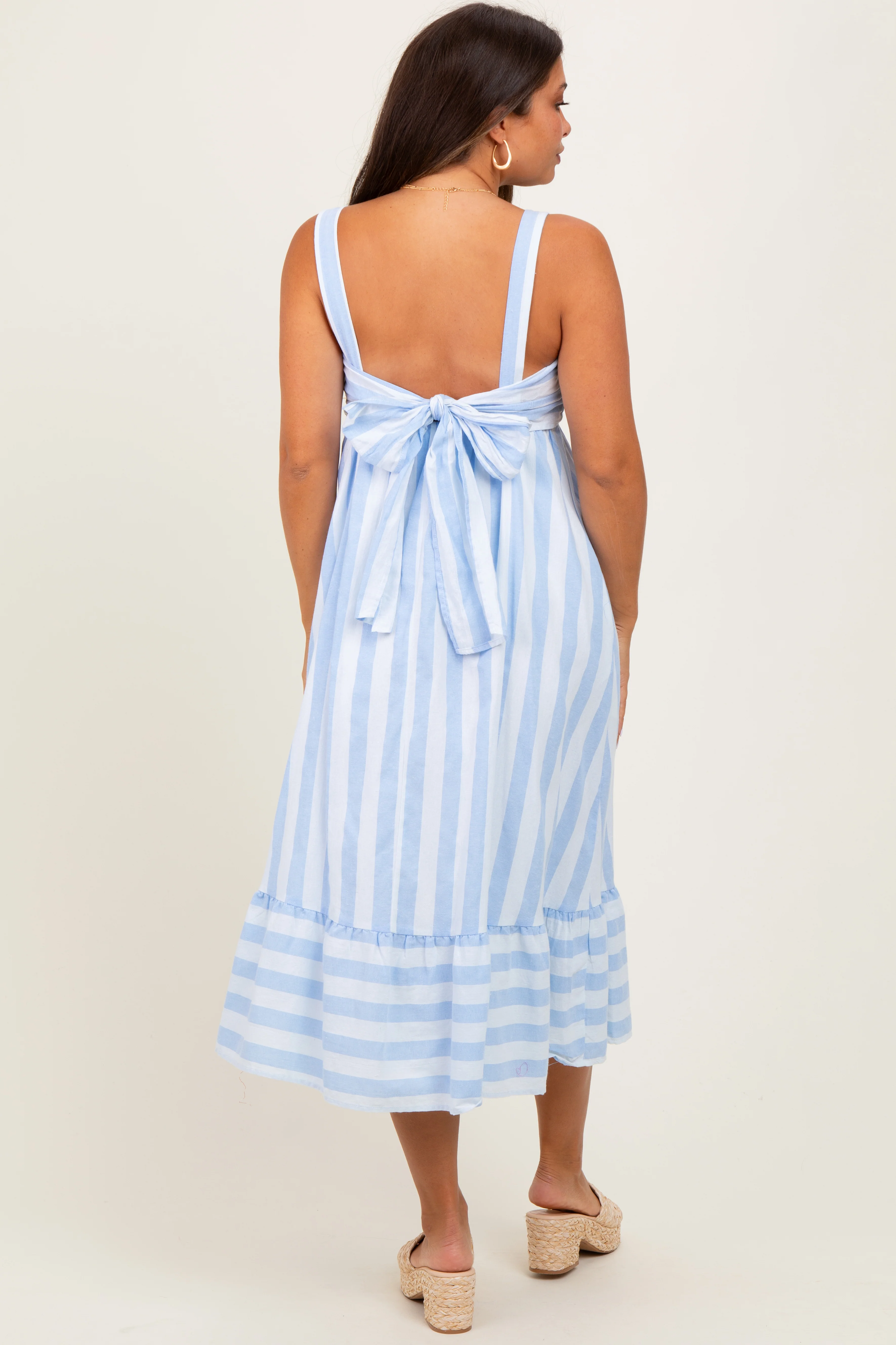 Light Blue Stripe Back Ribbon Tie Maternity Midi Dress - Image 3