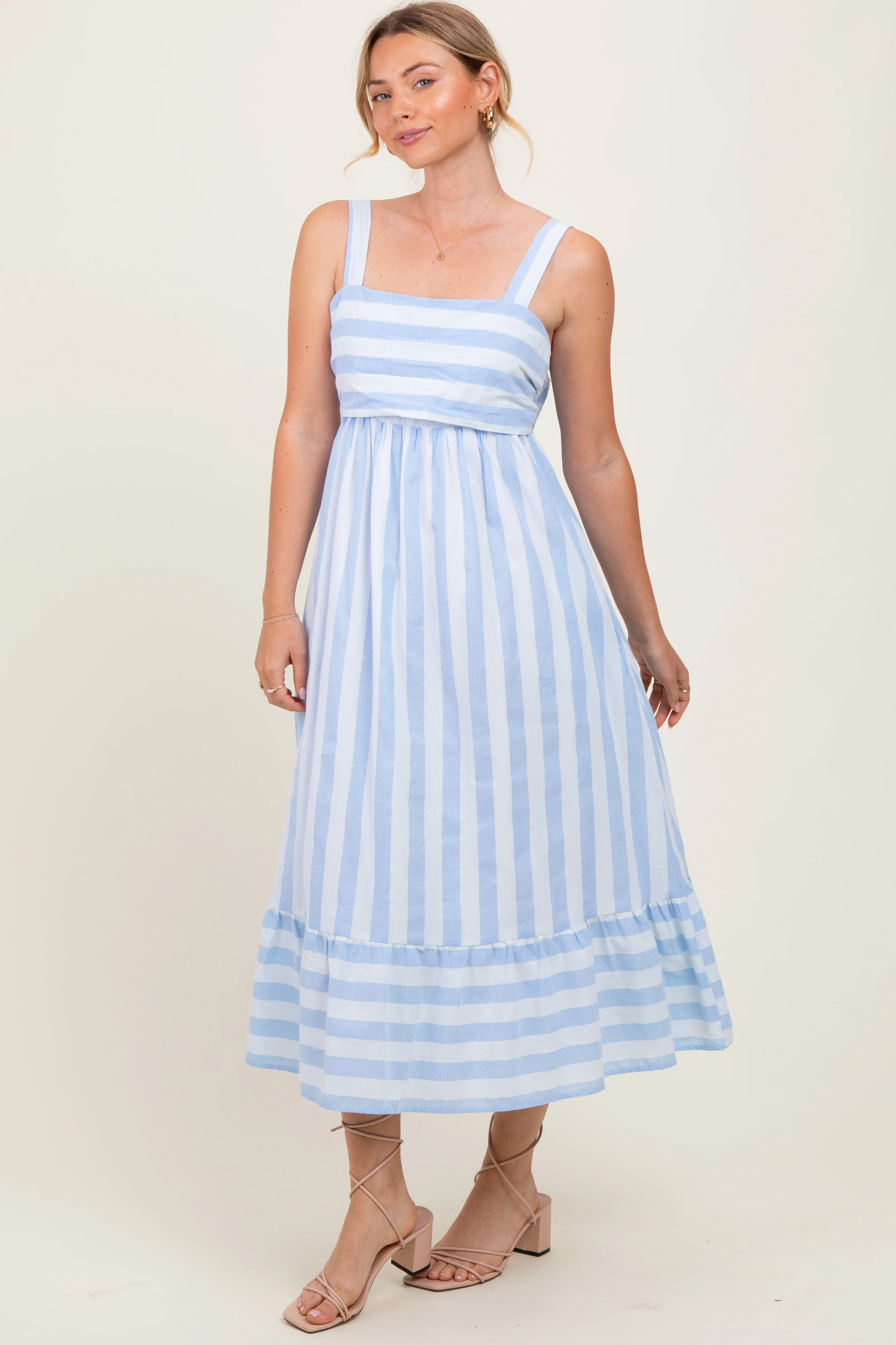 Light Blue Stripe Back Ribbon Tie Midi Dress - Image 3