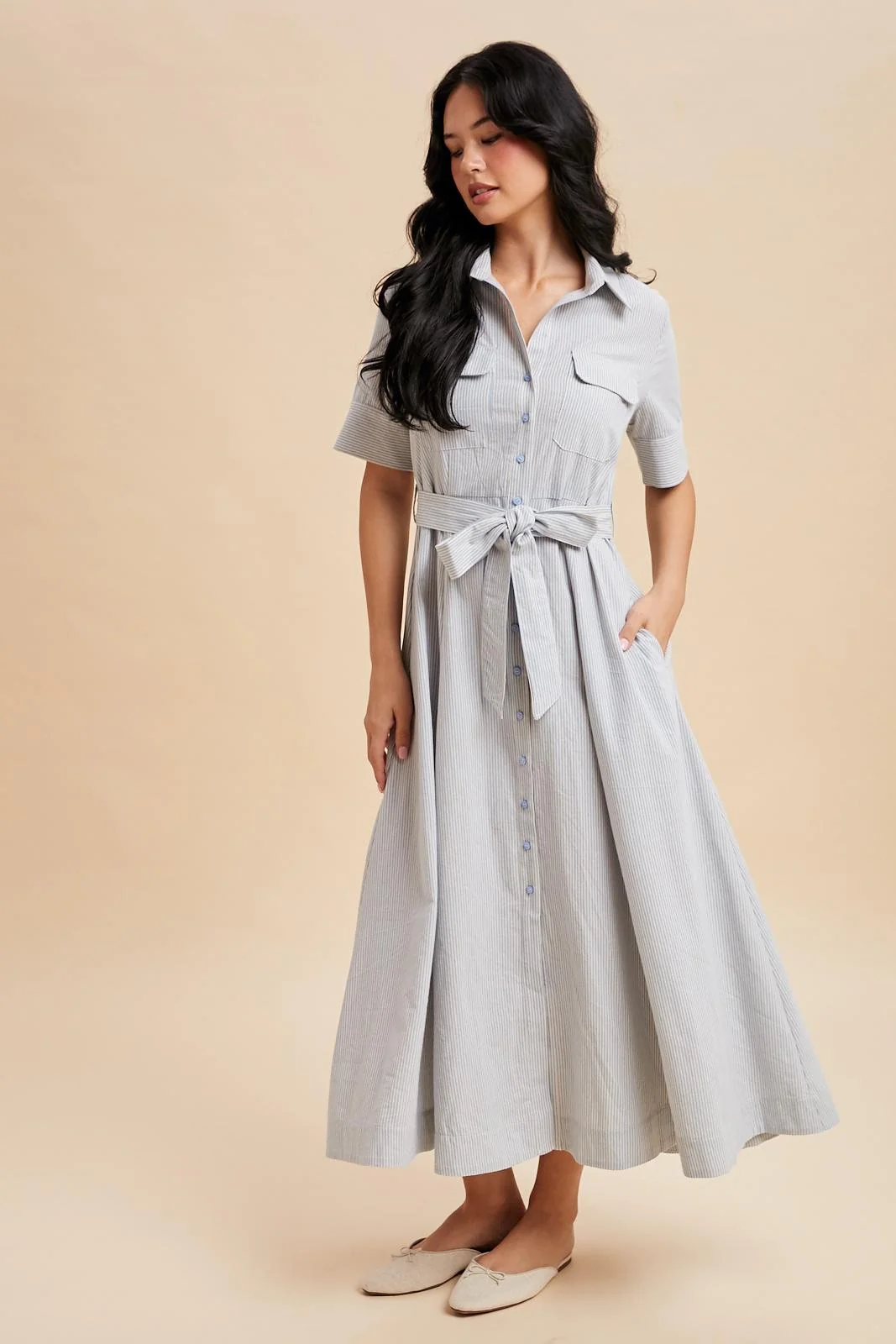 Light Blue Striped Cotton Button Down Maxi Dress - Image 3