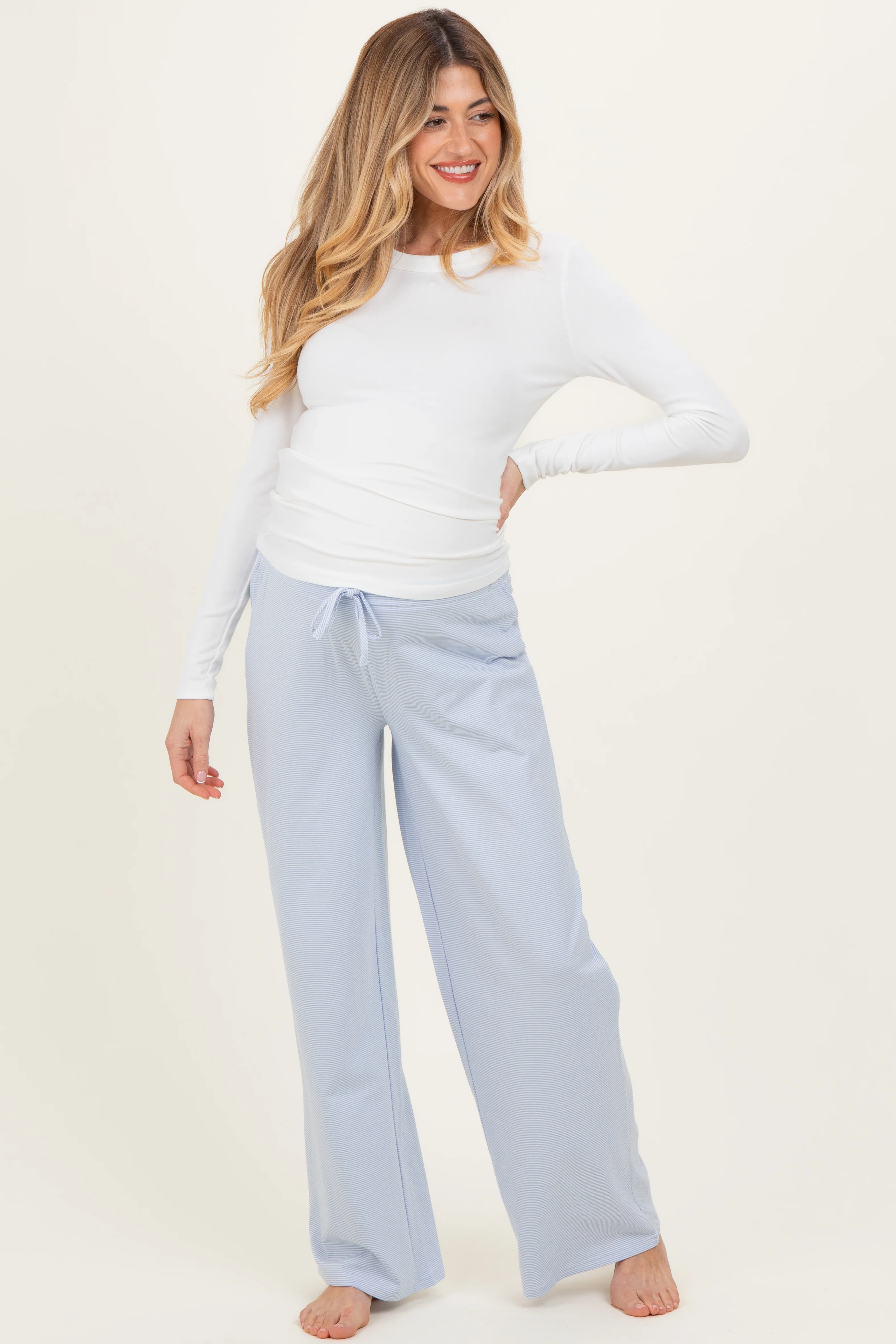 Light Blue Striped Front Tie Maternity Lounge Pants - Image 2