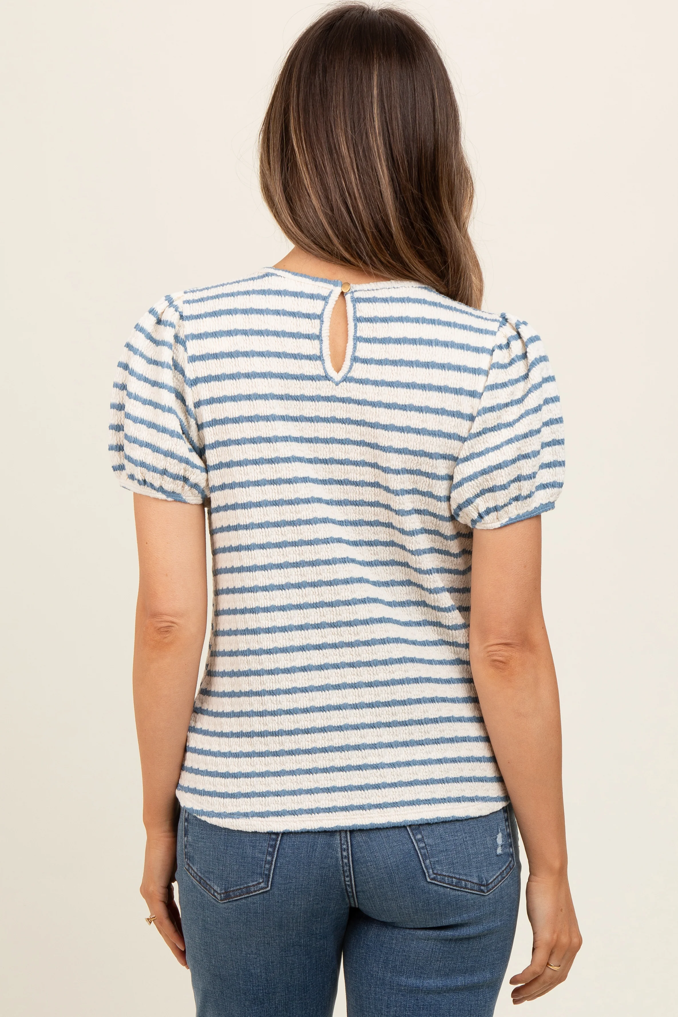 Light Blue Striped Textured Puff Sleeve Maternity Top - Image 4