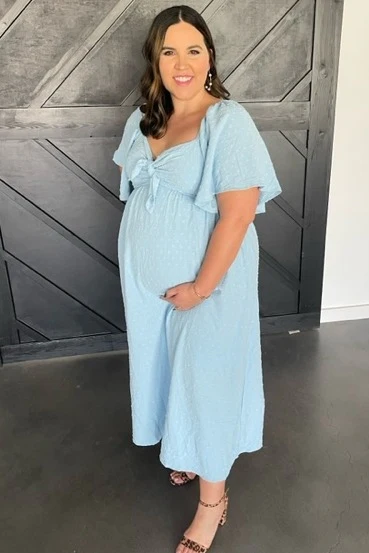 Light Blue Textured Dot Front Tie Ruffle Sleeve Maternity Midi Dress - Image 4