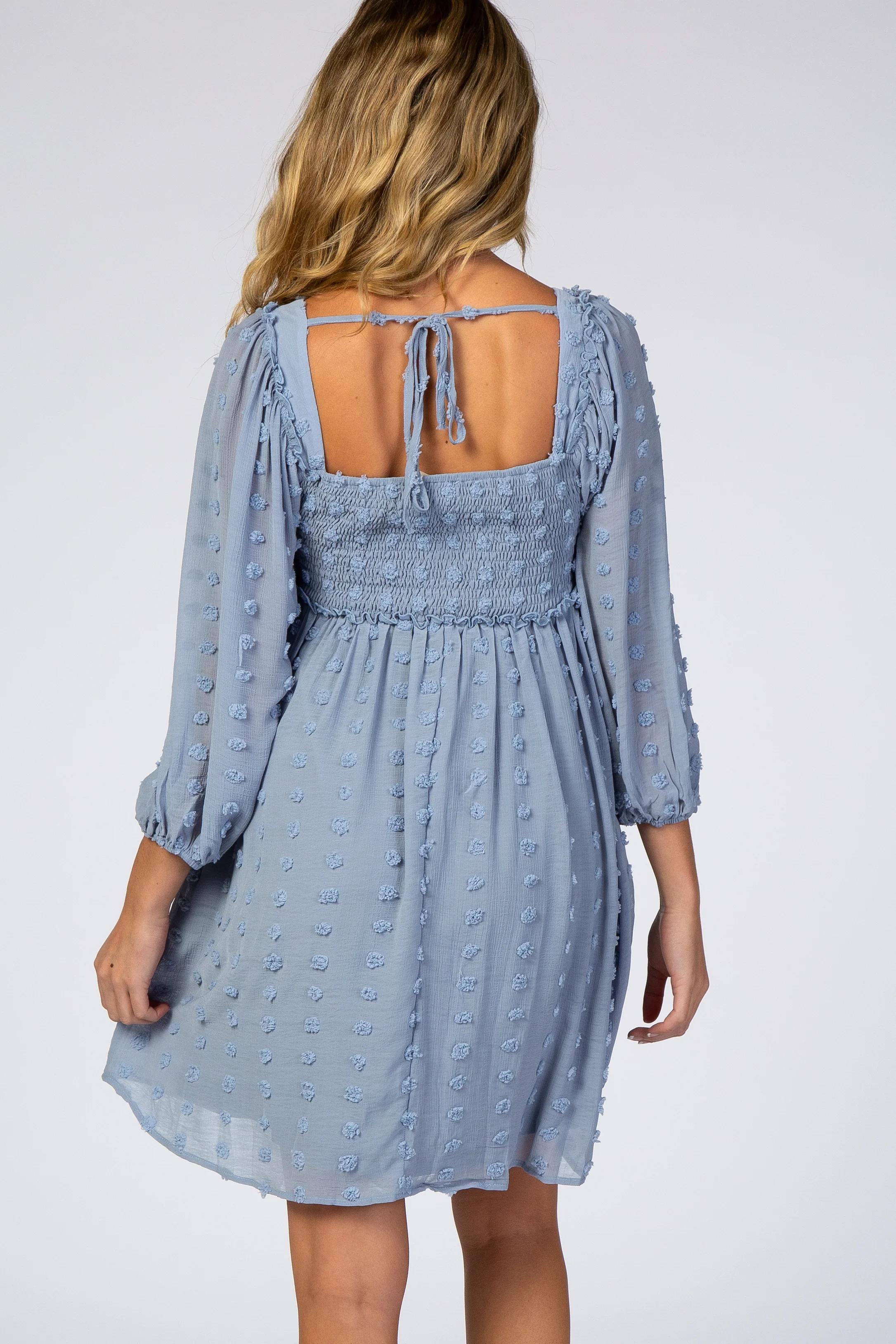 Light Blue Textured Dot Smocked Square Neck Chiffon Maternity Dress - Image 6