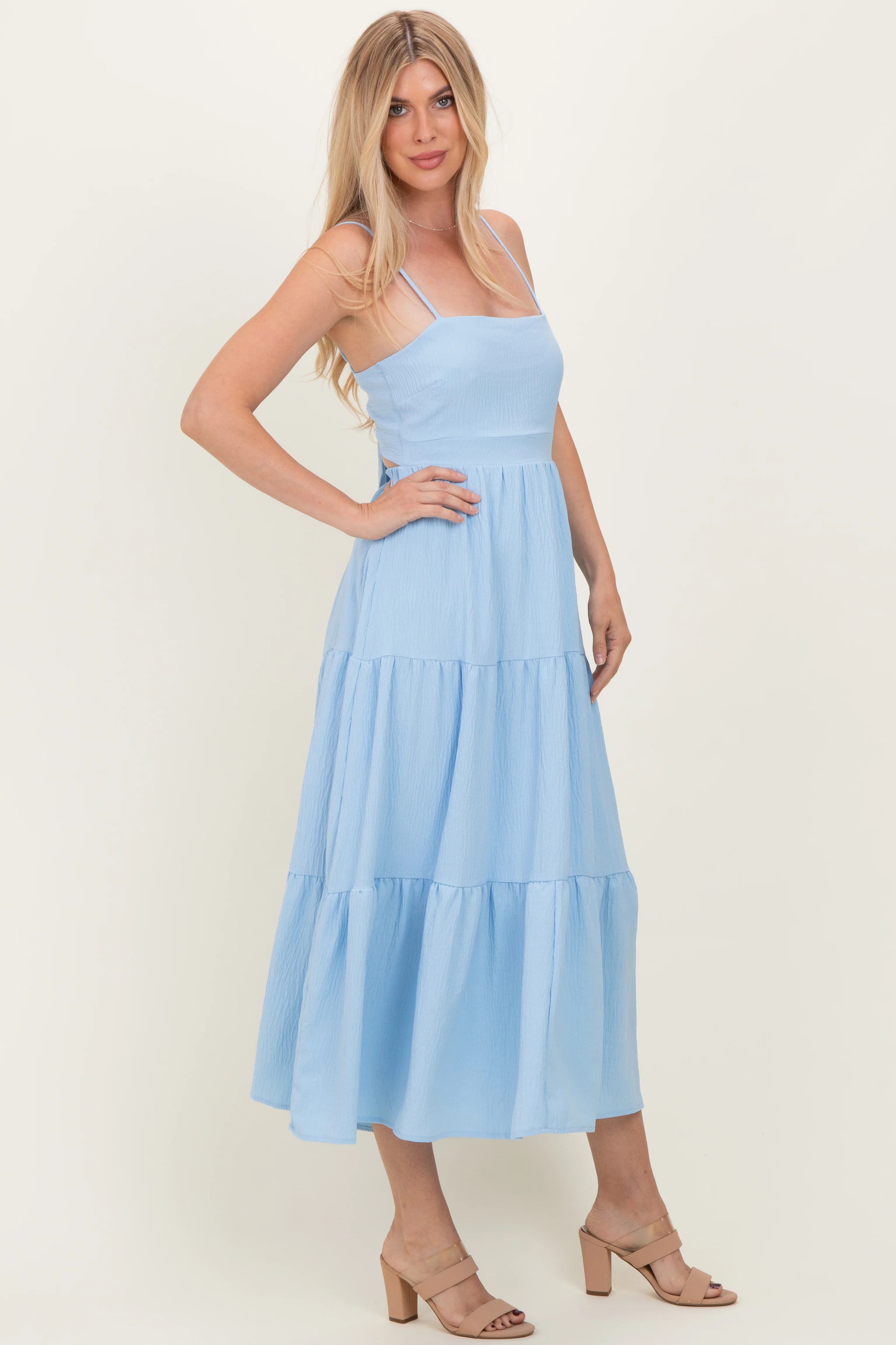 Light Blue Tiered Cutout Tie Back Midi Dress - Image 6