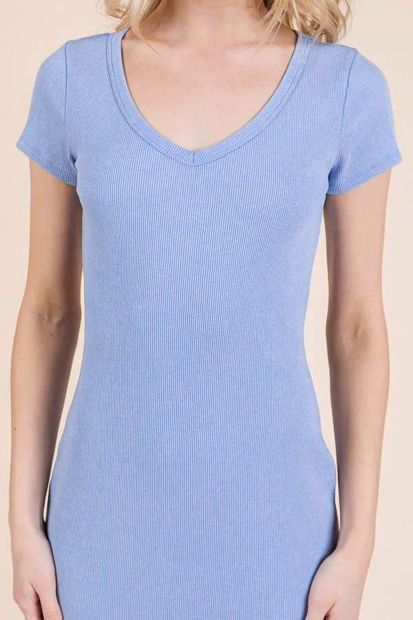Light Blue V Neck Mineral Wash Side Slit Midi Dress - Image 4