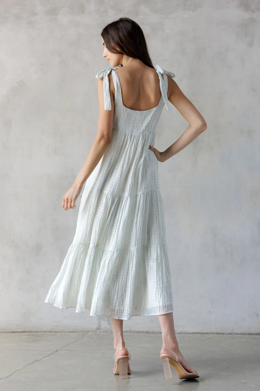 Light Blue V-Neck Shoulder Tie Midi Dress - Image 4