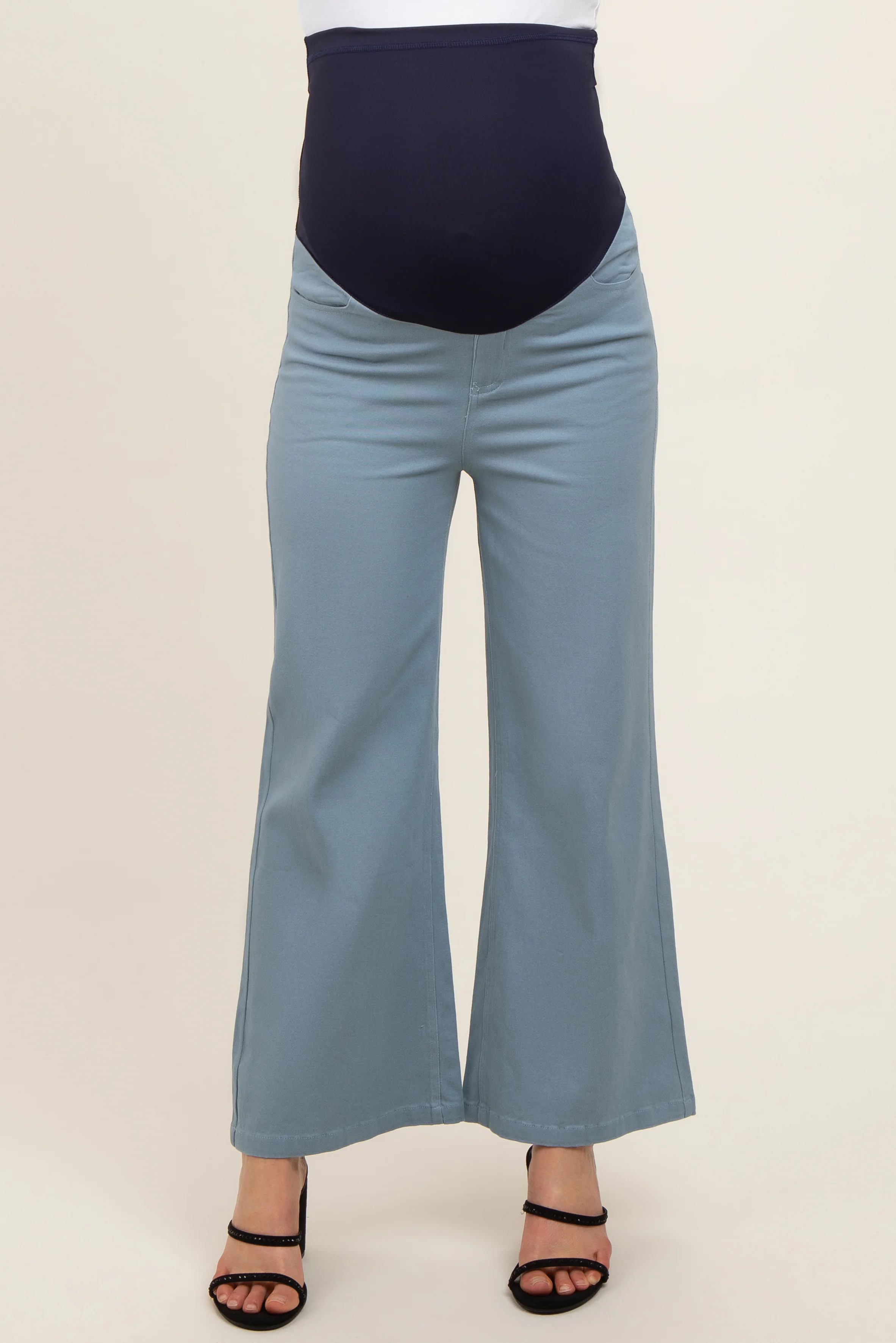 Light Blue Wide Leg Cropped Maternity Pants - Image 3