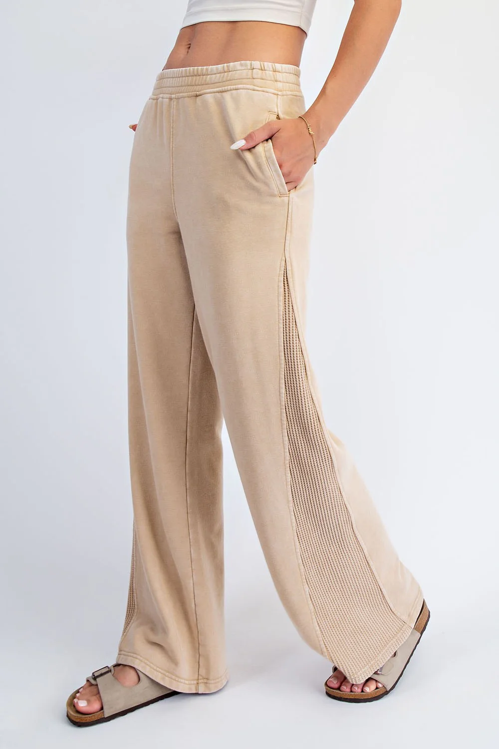 Light Camel Mineral Wash Waffle Knit Contrast Lounge Pants - Image 3