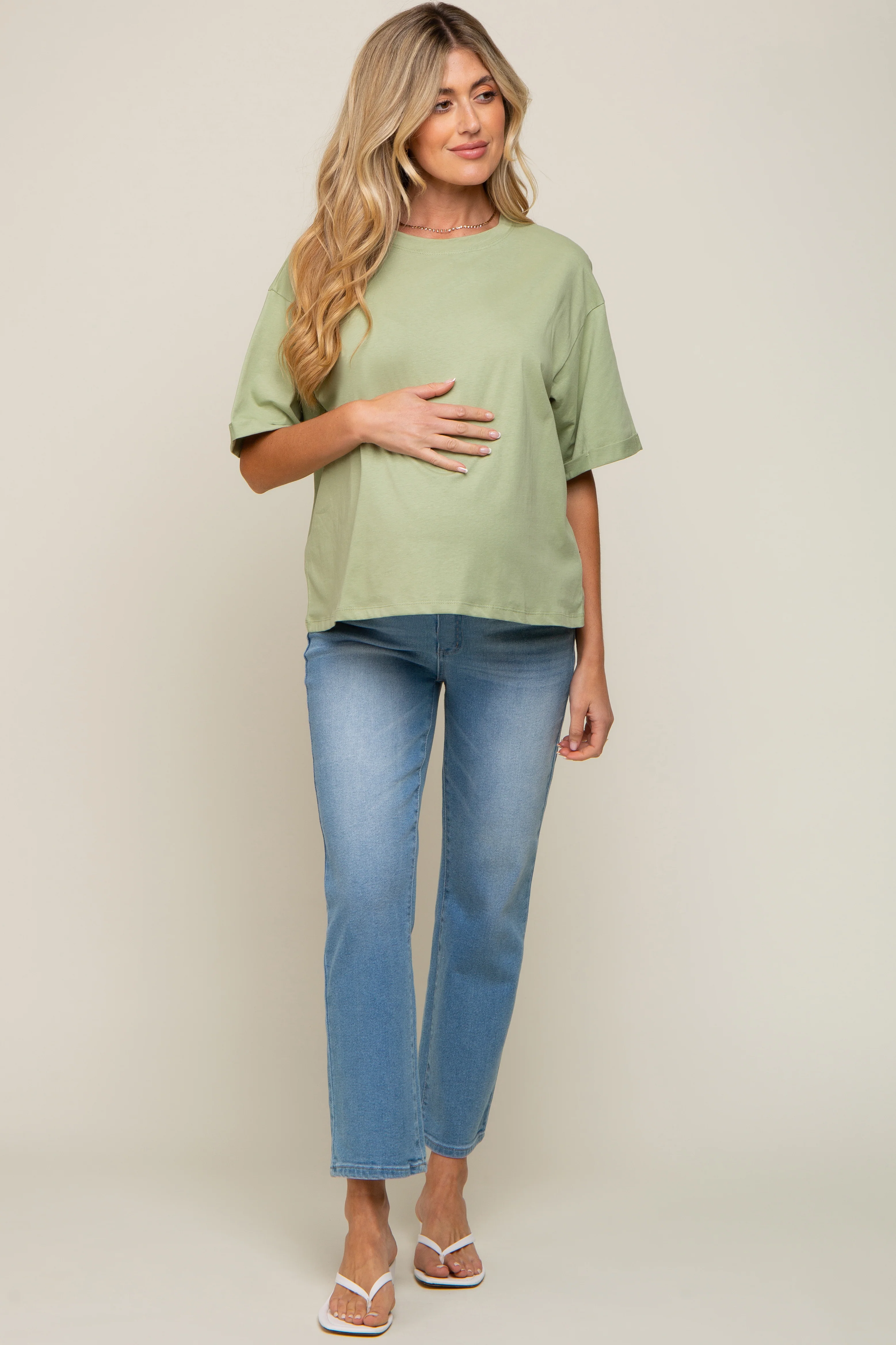 Light Green Basic Rolled Short Sleeve Maternity T-Shirt - Image 4