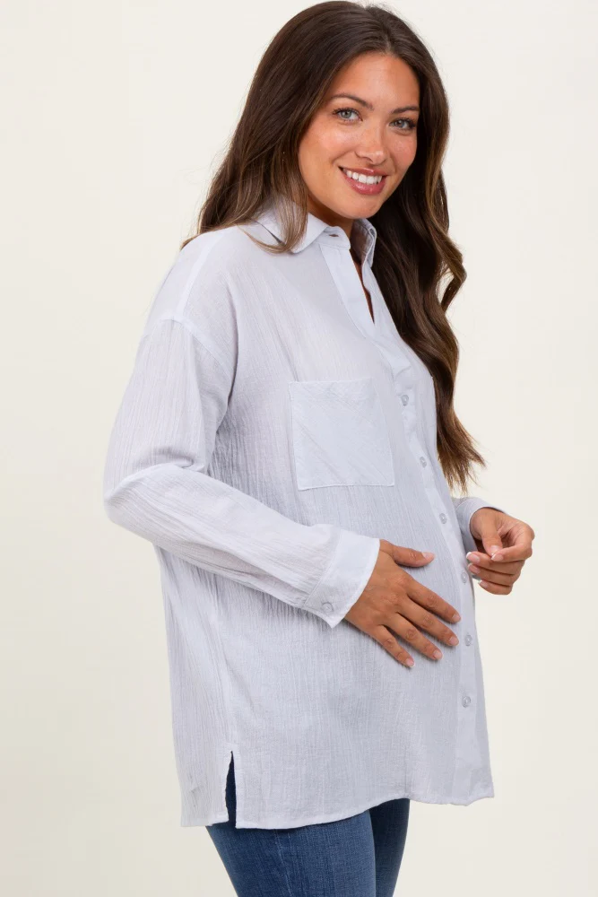 Light Grey Cotton Gauze Oversized Maternity Button Down Shirt - Image 4