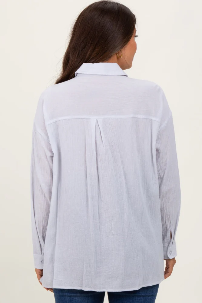 Light Grey Cotton Gauze Oversized Maternity Button Down Shirt - Image 5