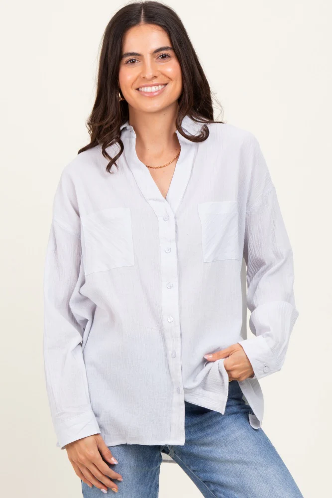 Light Grey Cotton Gauze Oversized Maternity Button Down Shirt - Image 6