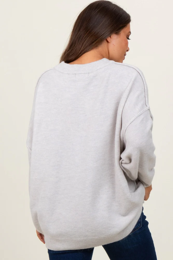 Light Grey Oversized Crewneck Melange Knit Maternity Sweater - Image 3