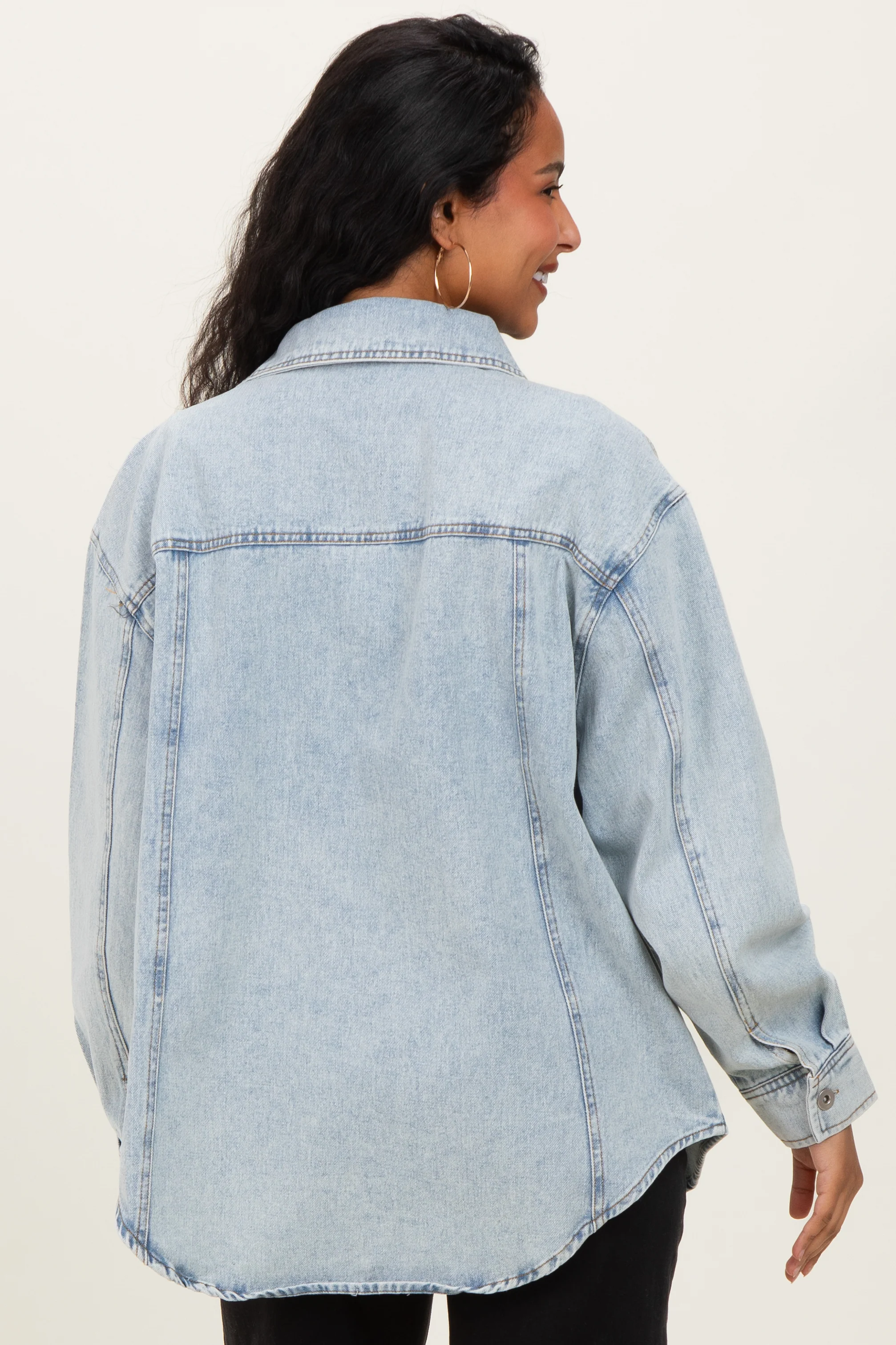 Light Indigo Oversized Denim Maternity Shirt Jacket - Image 4