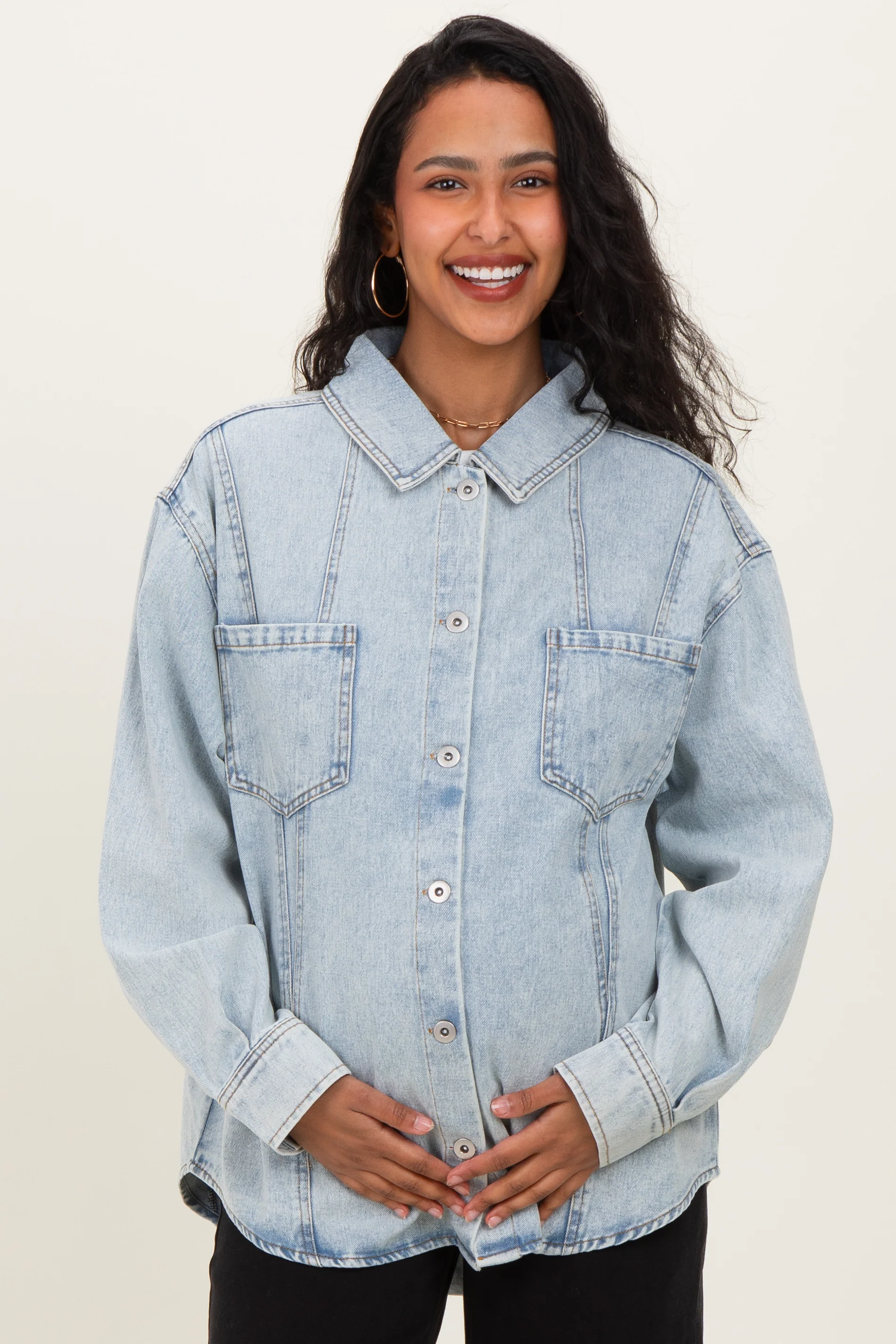 Light Indigo Oversized Denim Maternity Shirt Jacket - Image 5