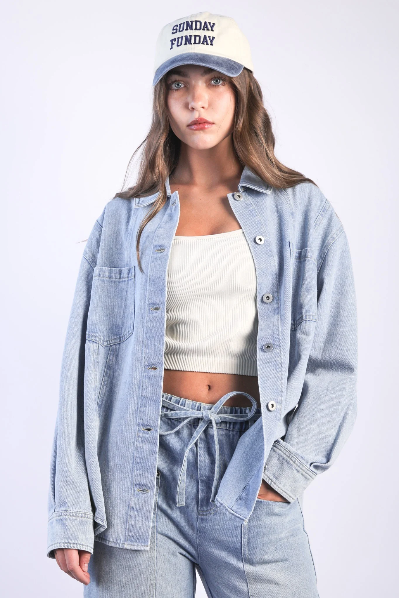 Light Indigo Oversized Denim Maternity Shirt Jacket - Image 6