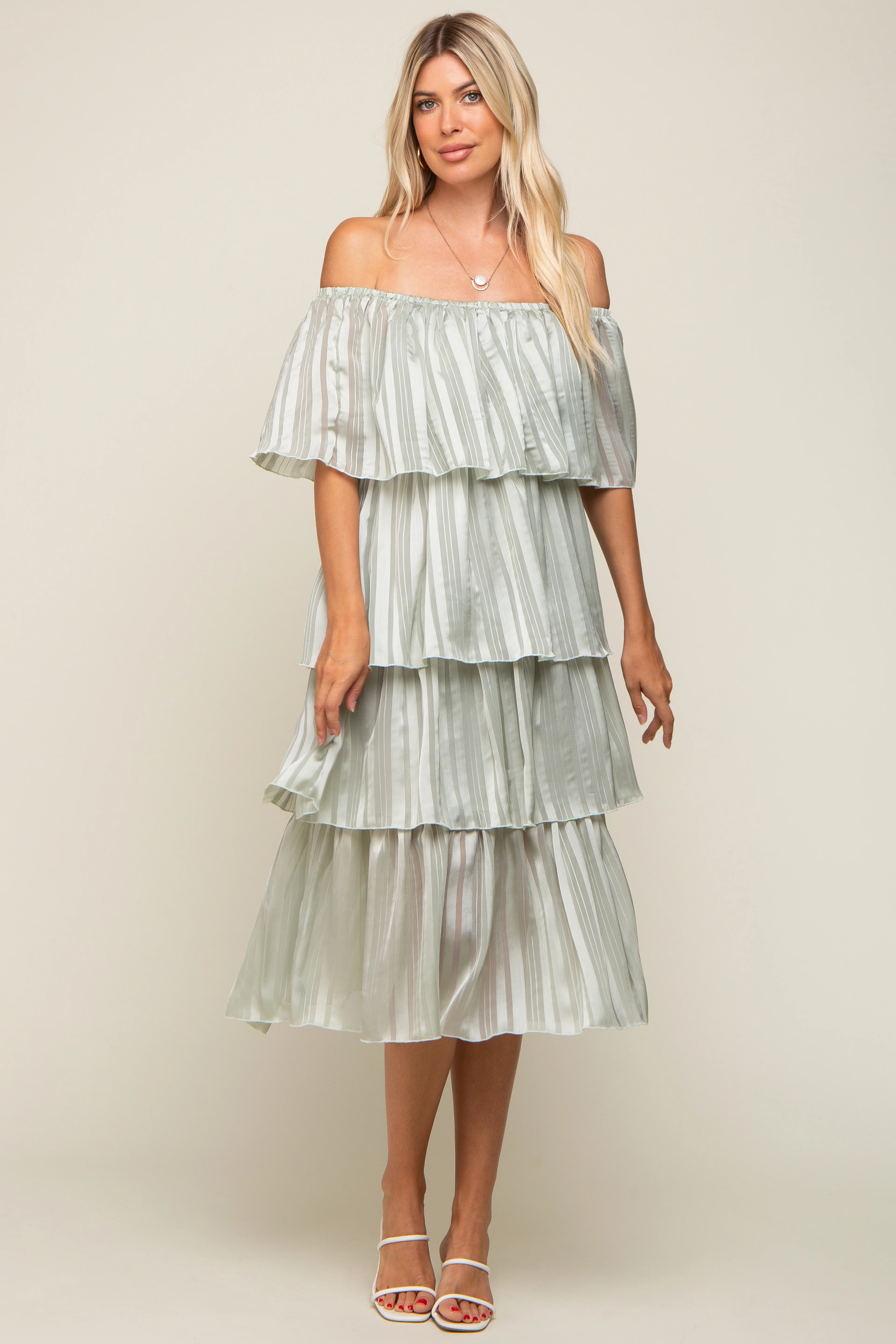 Light Mint Green Striped Layered Maternity Midi Dress - Image 7