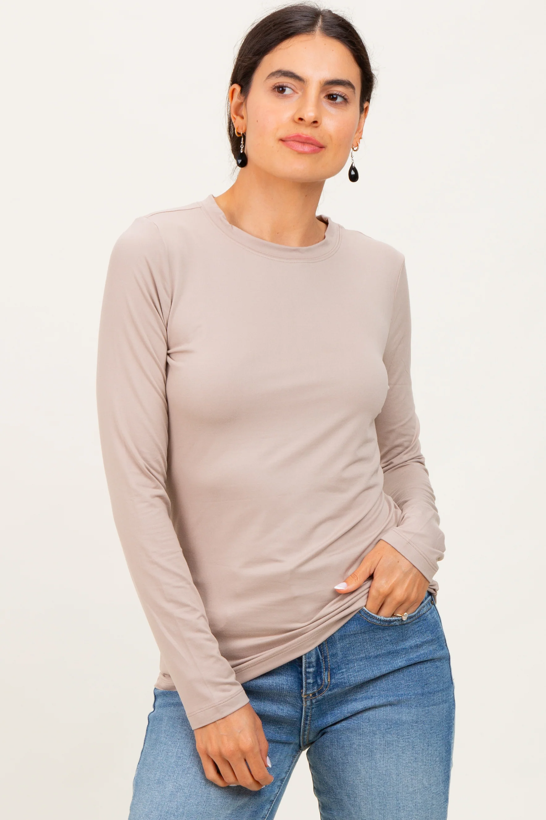 Light Mocha Basic Long Sleeve Maternity Top - Image 5