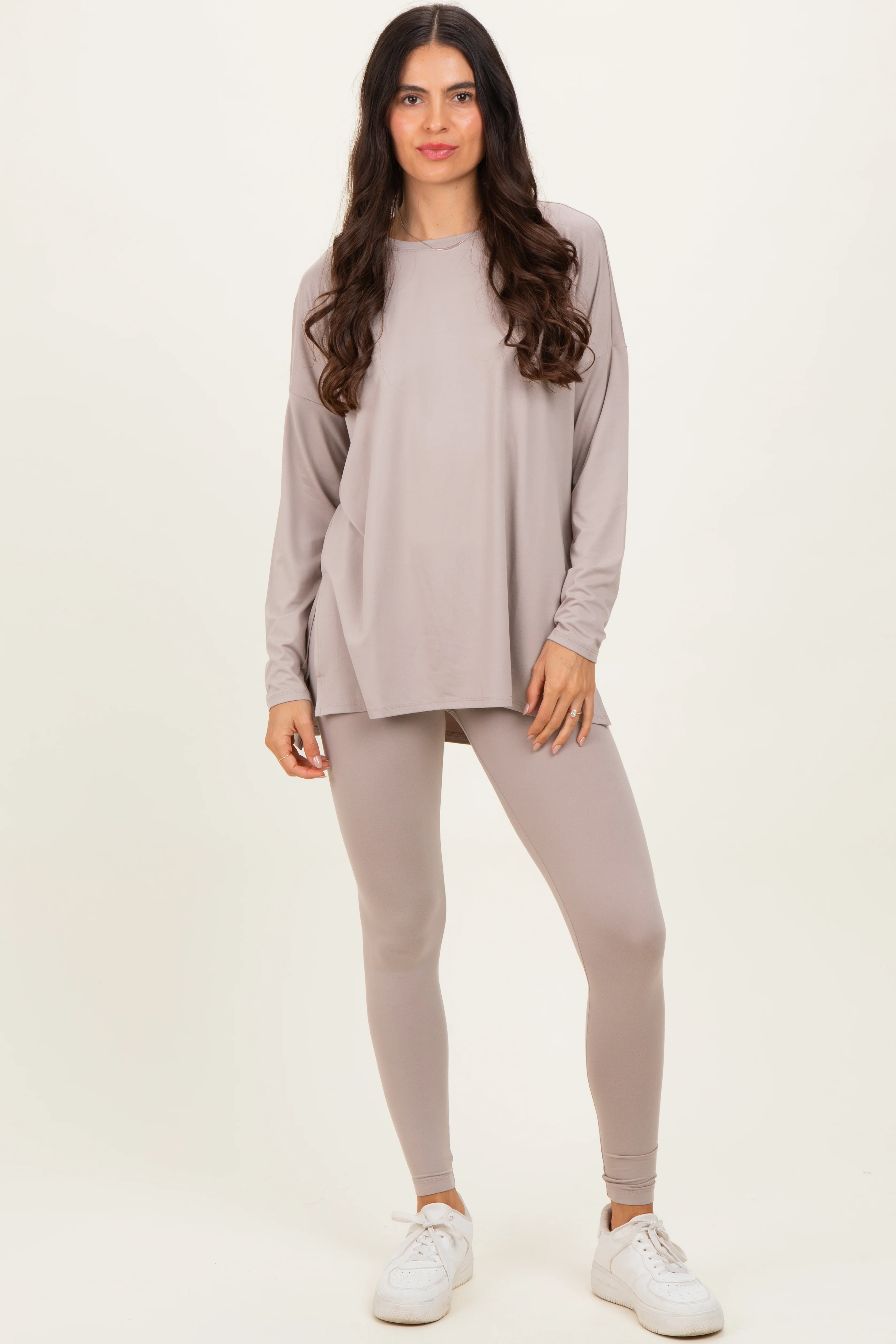 Light Mocha Brushed Knit Oversized Top and Legging Maternity Set - Image 5