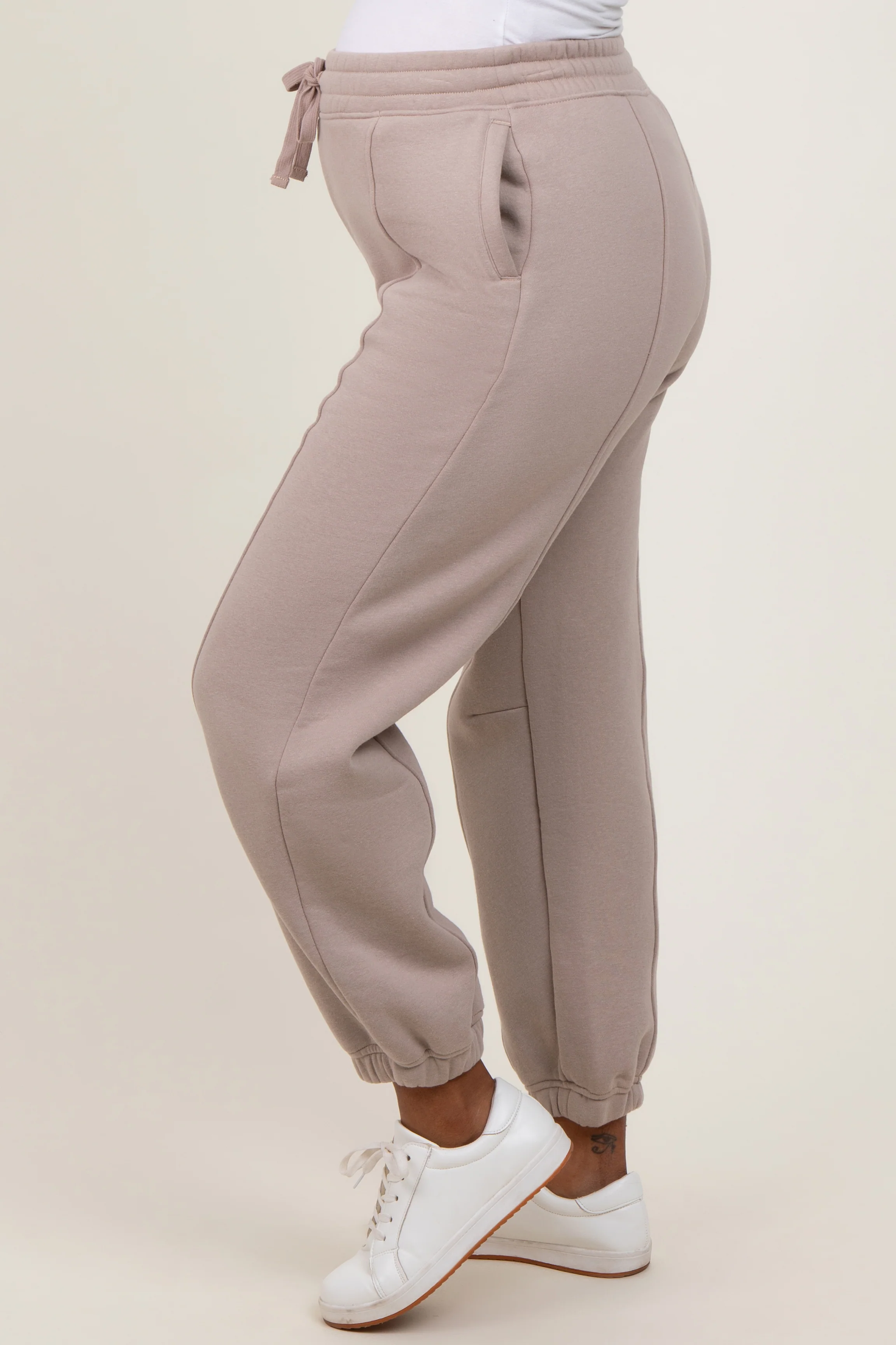 Light Mocha Drawstring Relaxed Fit Maternity Sweatpants - Image 3