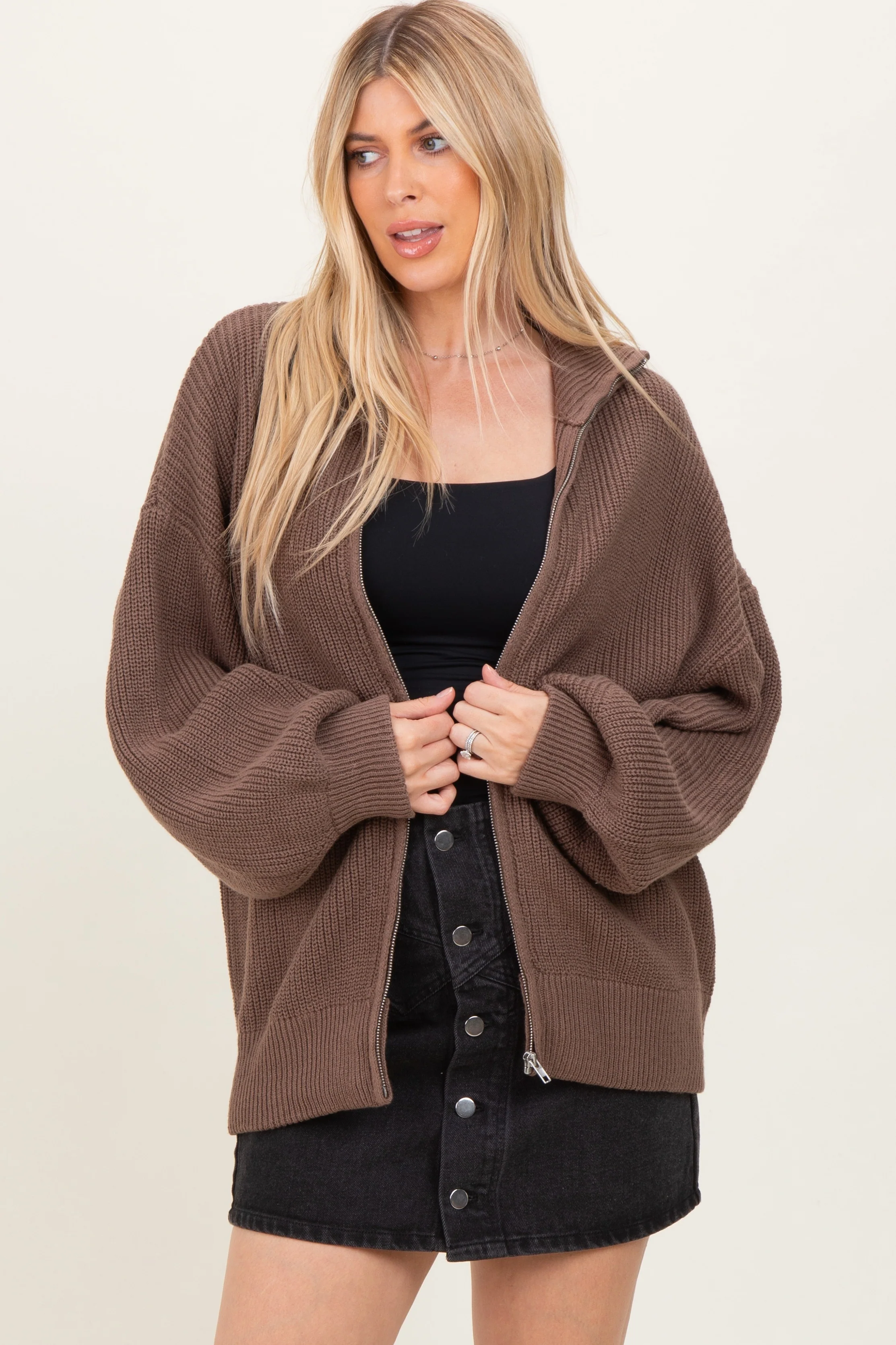 Light Mocha Oversized Zip Up Maternity Cardigan - Image 5