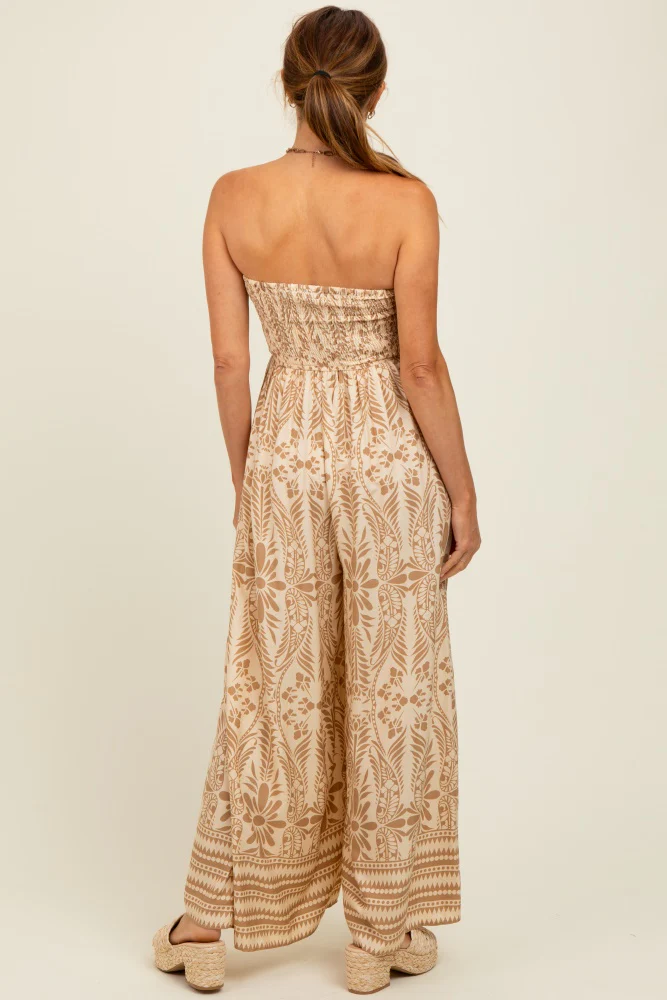 Light Mocha Printed Strapless Front Tie Jumpsuit - Image 4