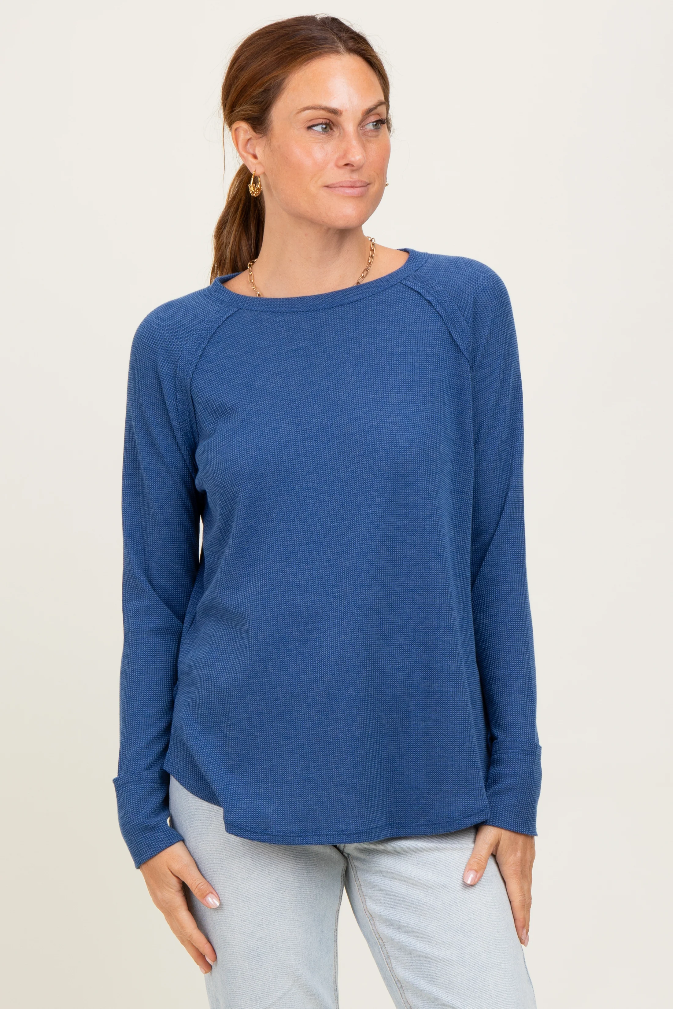 Light Navy Baby Waffle Knit Long Sleeve Maternity Top - Image 5