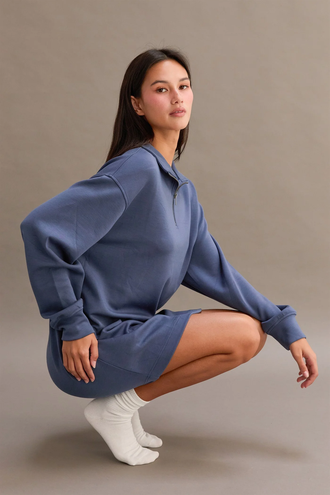 Light Navy Half Zip Long Sleeve Mini Dress - Image 5