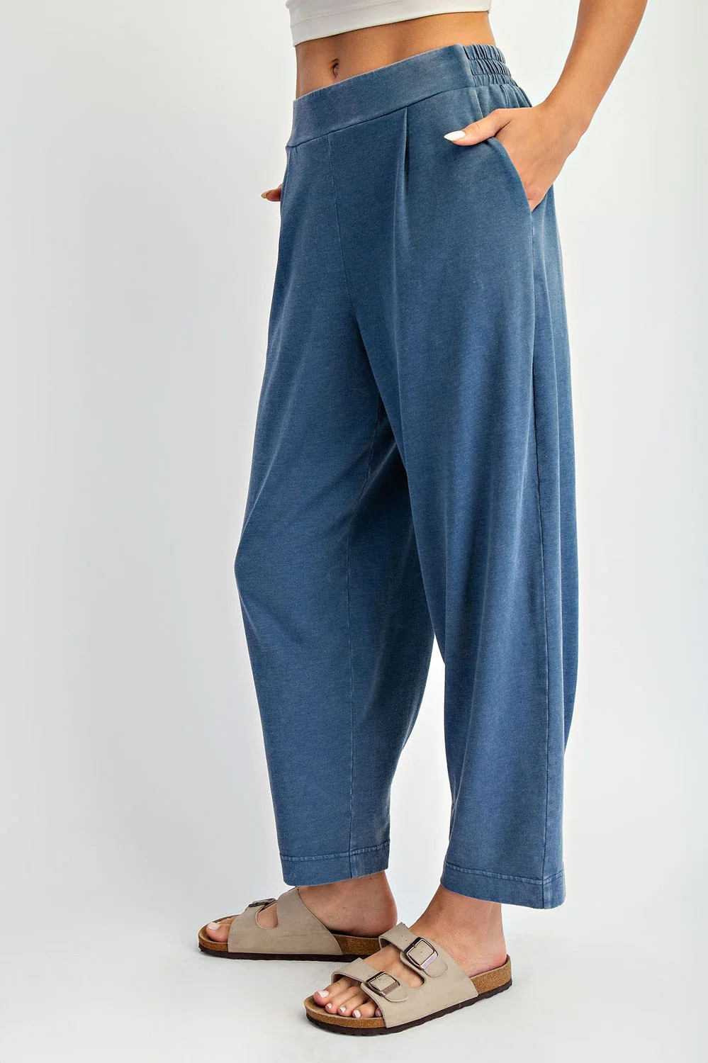 Light Navy Mineral Wash Pleated Lounge Pants - Image 3