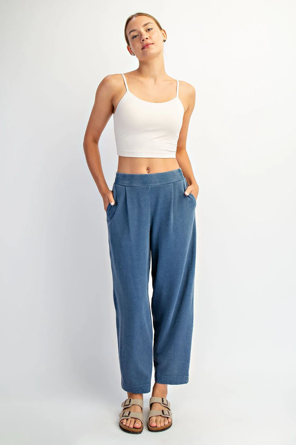 Light Navy Mineral Wash Pleated Maternity Lounge Pants - Image 6