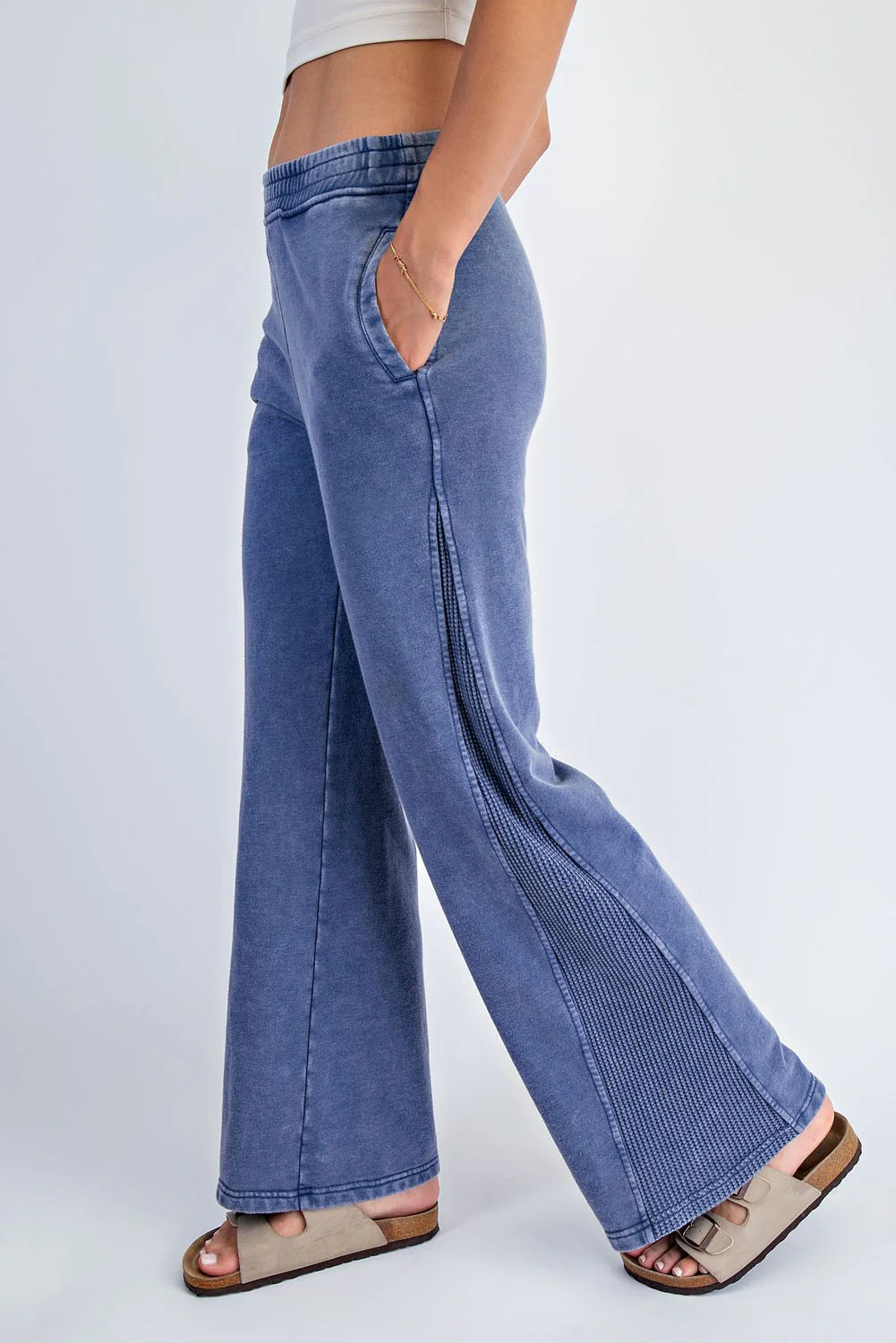 Light Navy Mineral Wash Waffle Knit Contrast Lounge Pants - Image 3
