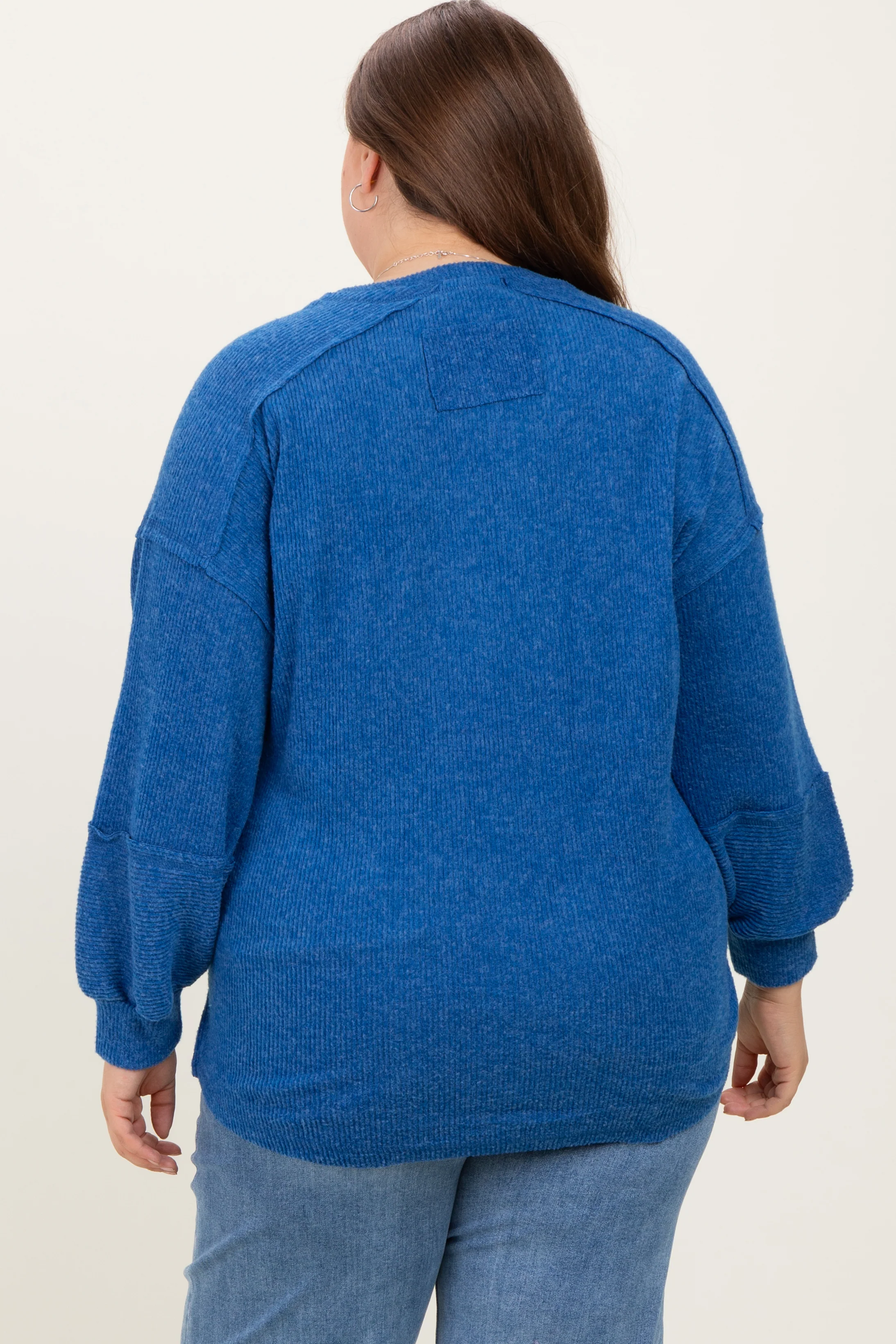 Light Navy Oversized Ribbed Knit Henley Maternity Plus Sweater - Image 2