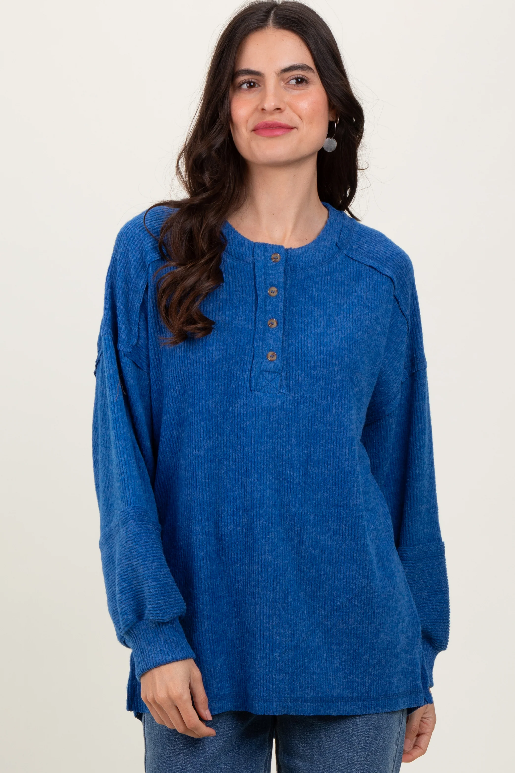 Light Navy Oversized Ribbed Knit Henley Sweater - Image 2