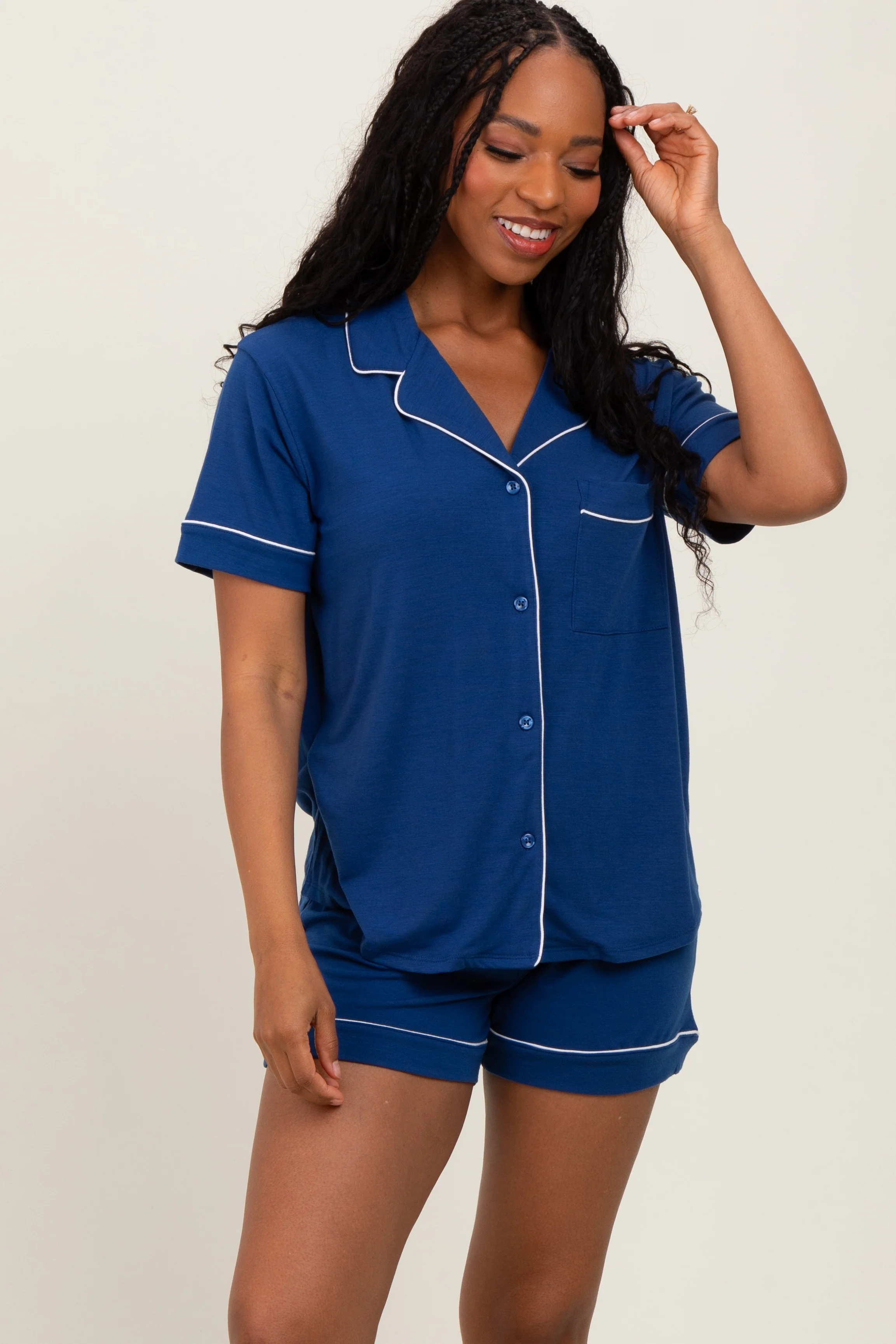 Light Navy Short Sleeve Button Down Shirt Shorts Set - Image 4