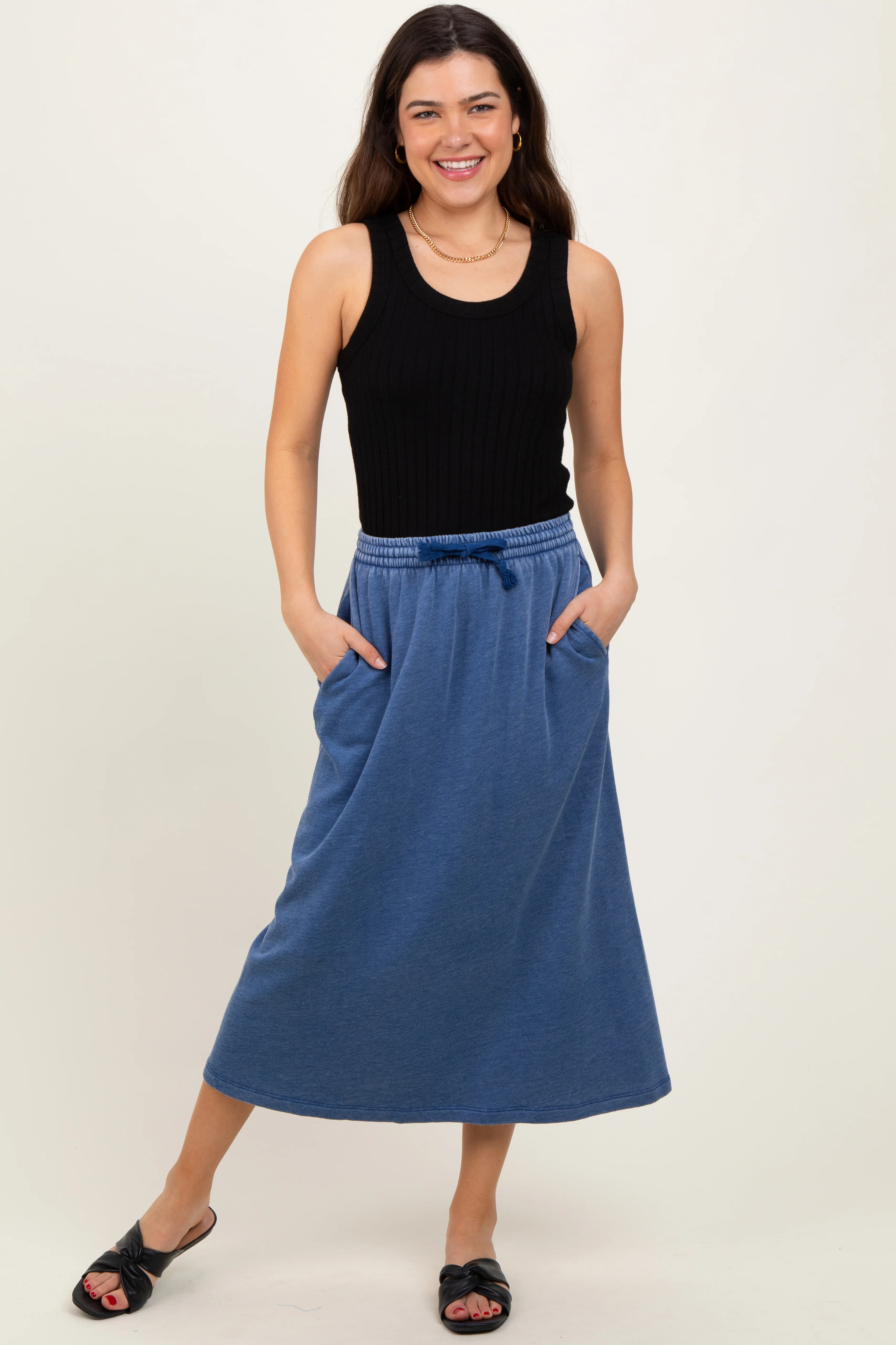 Light Navy Terry Drawstring Maternity Midi Skirt - Image 5