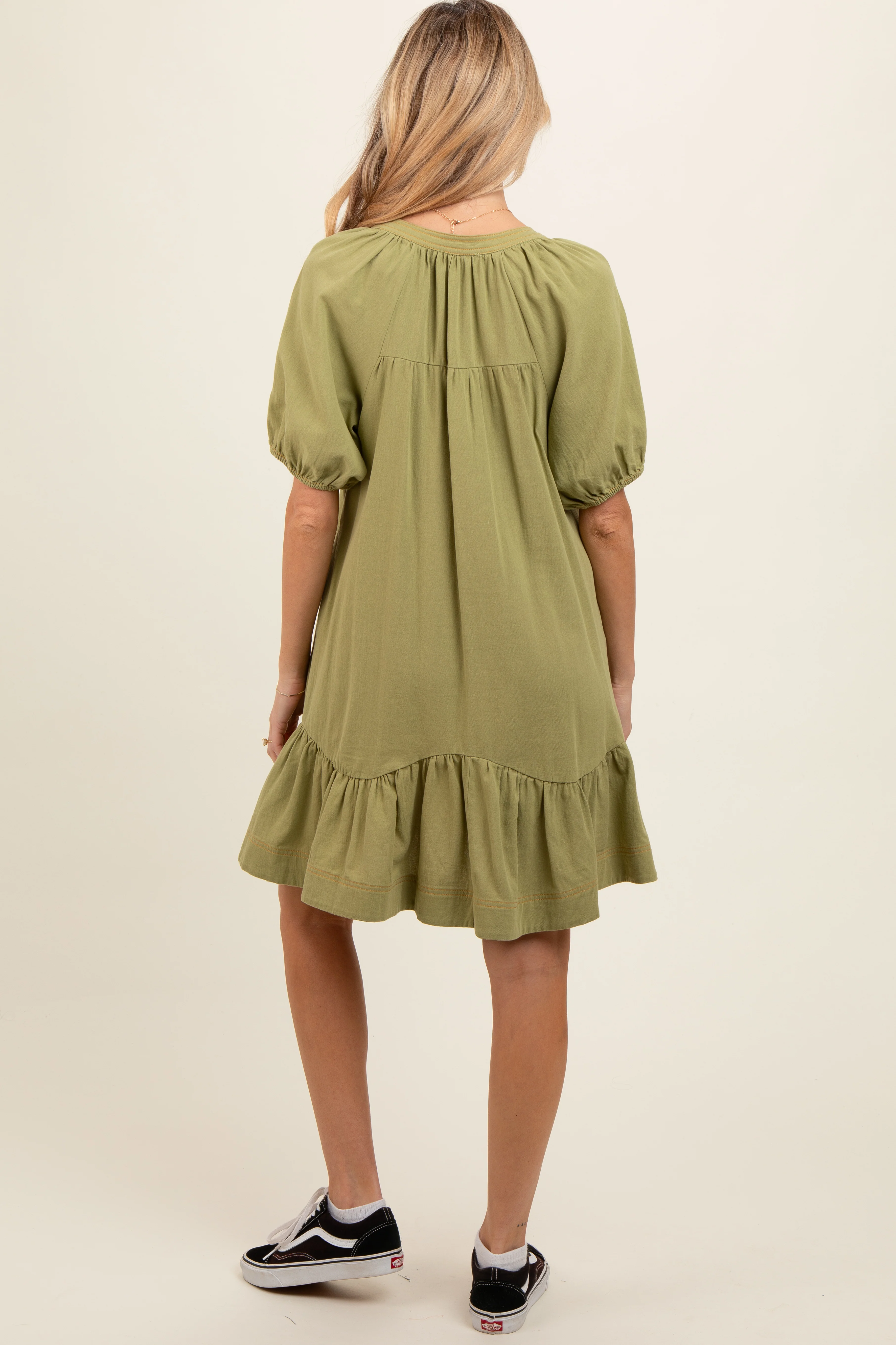 Light Olive Button Front Short Puff Sleeve Maternity Dress - Image 2